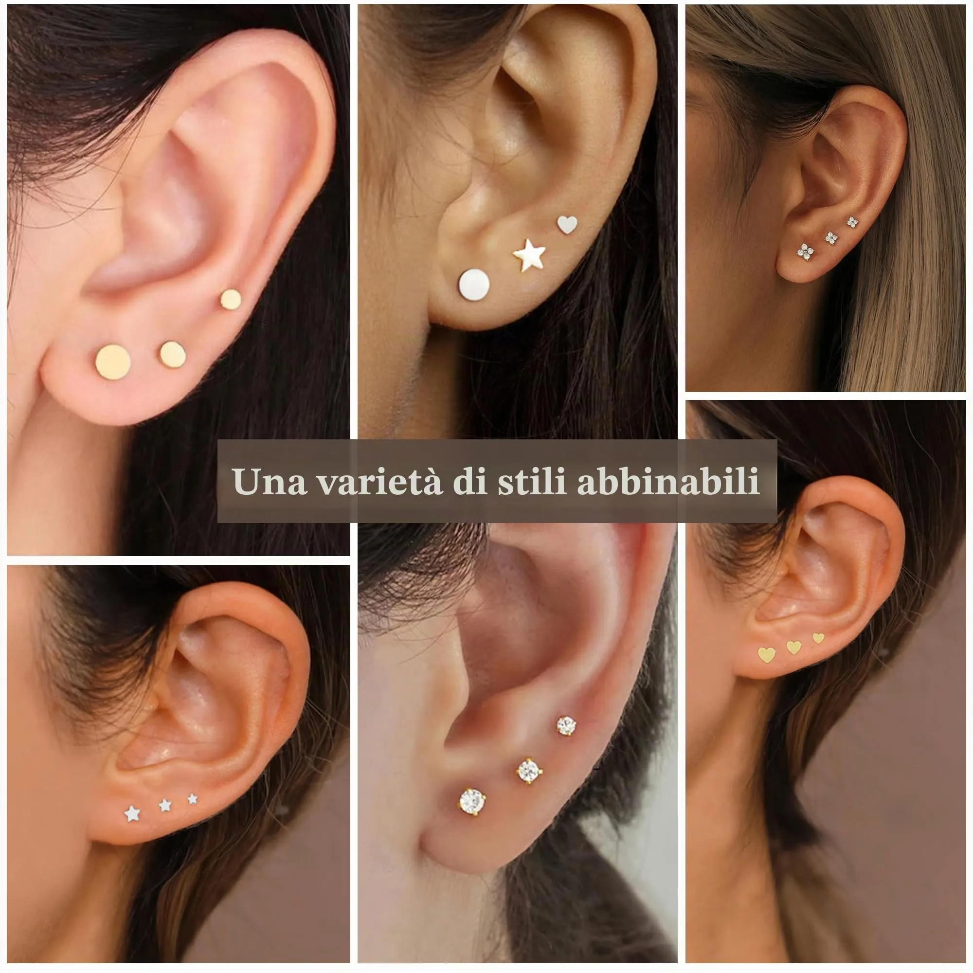 Rajputana Set di 3 Paia di Orecchini a Perno in Argento Sterling 925 con Stelle, Cuori e Puntini CZ - immagine 3