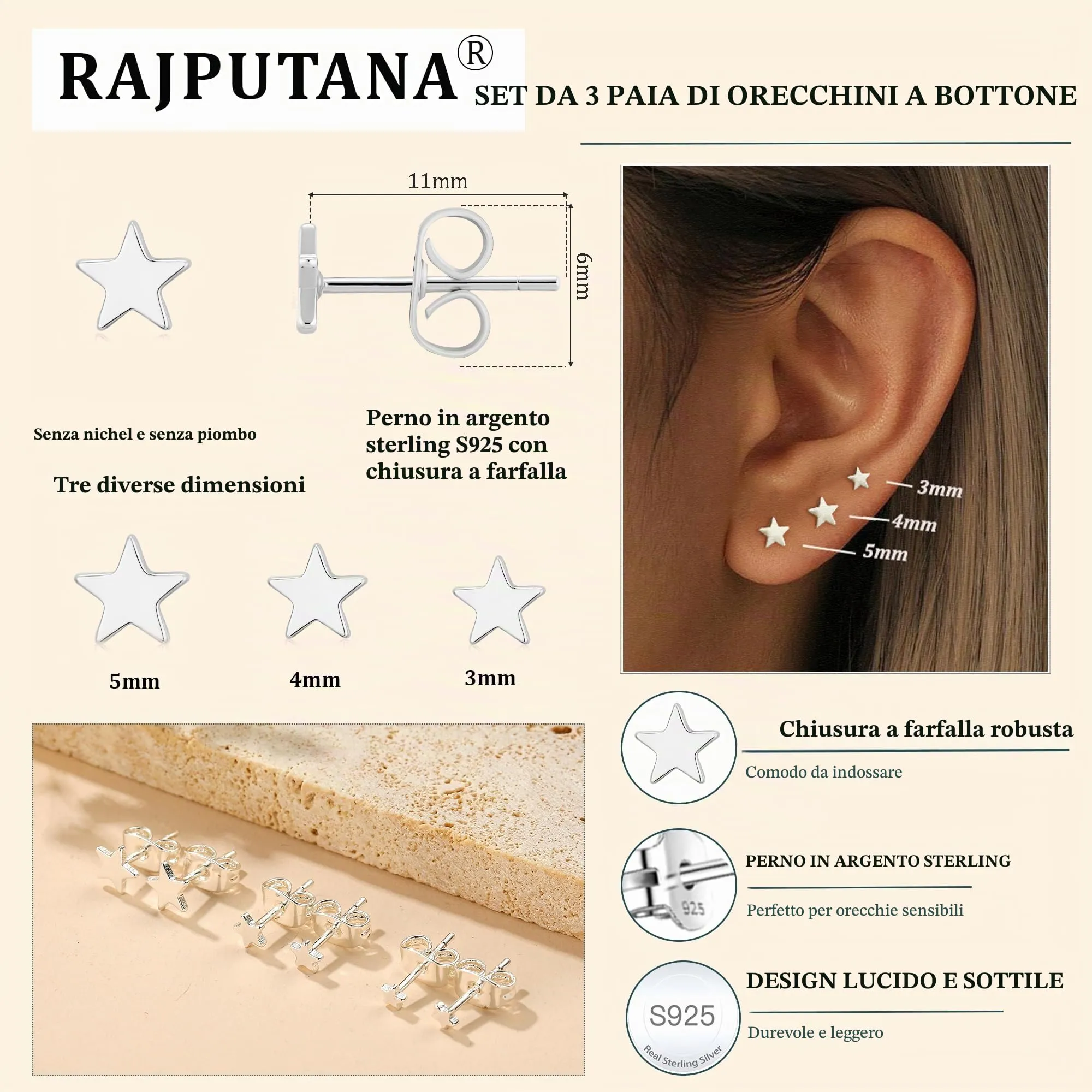 Rajputana Set di 3 Paia di Orecchini a Perno in Argento Sterling 925 con Stelle, Cuori e Puntini CZ - immagine 4
