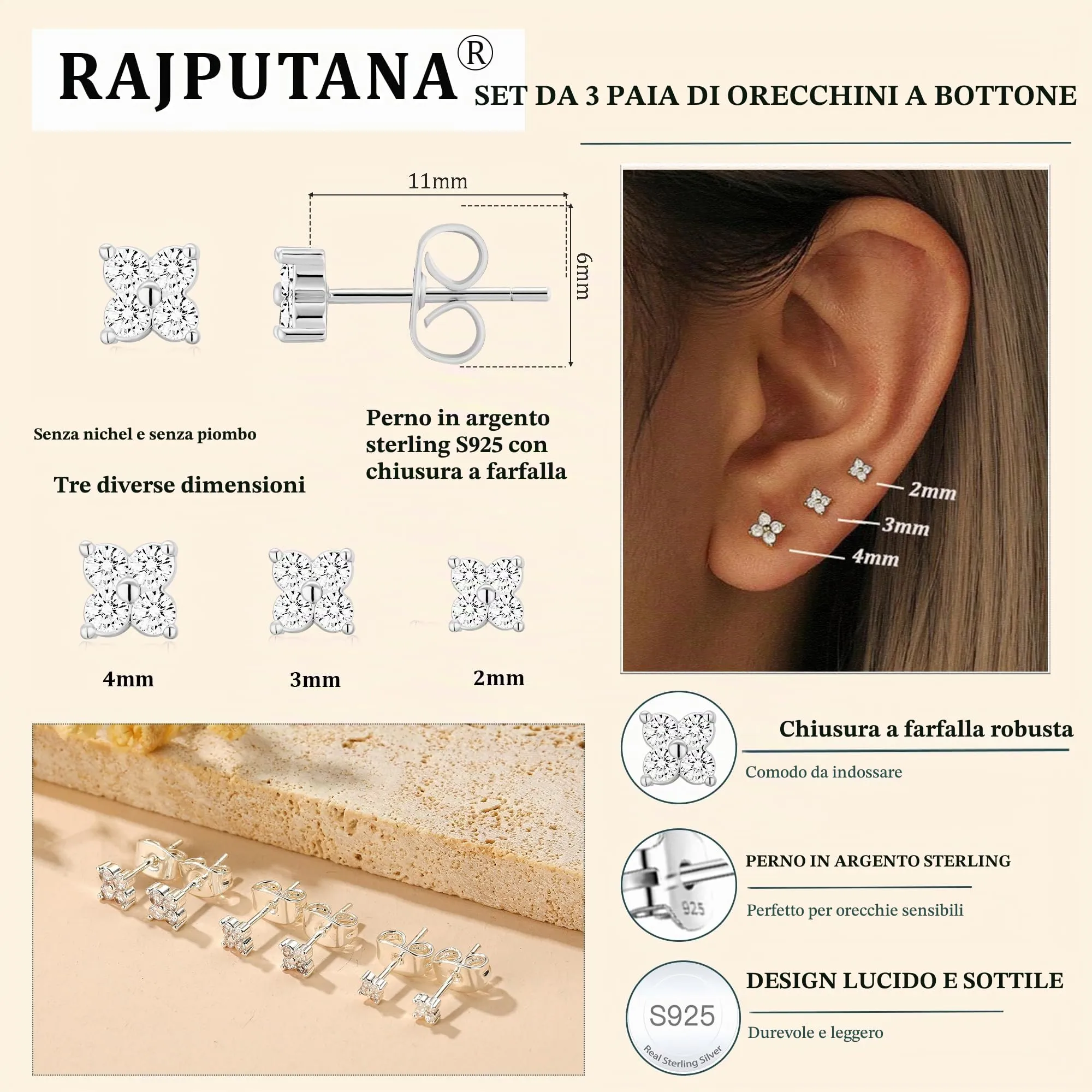 Rajputana Set di 3 Paia di Orecchini a Perno in Argento Sterling 925 con Stelle, Puntini a Cuore e CZ - immagine 3