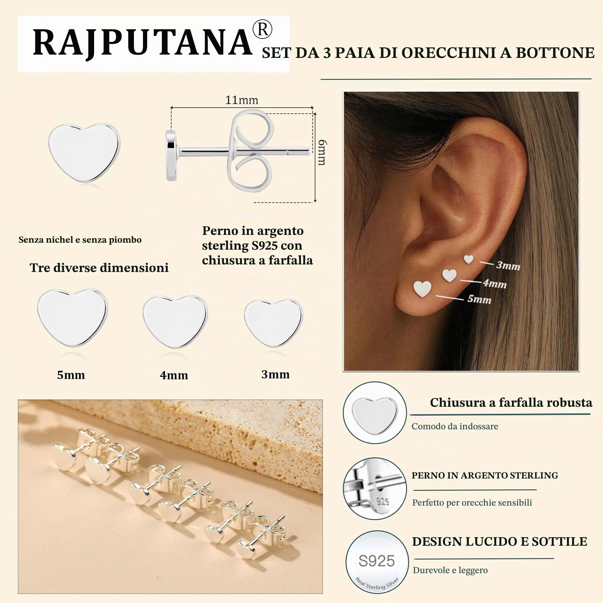 Rajputana Set di 3 Paia di Orecchini a Perno in Argento Sterling 925 con Stelle, Puntini e Cuori CZ - immagine 4