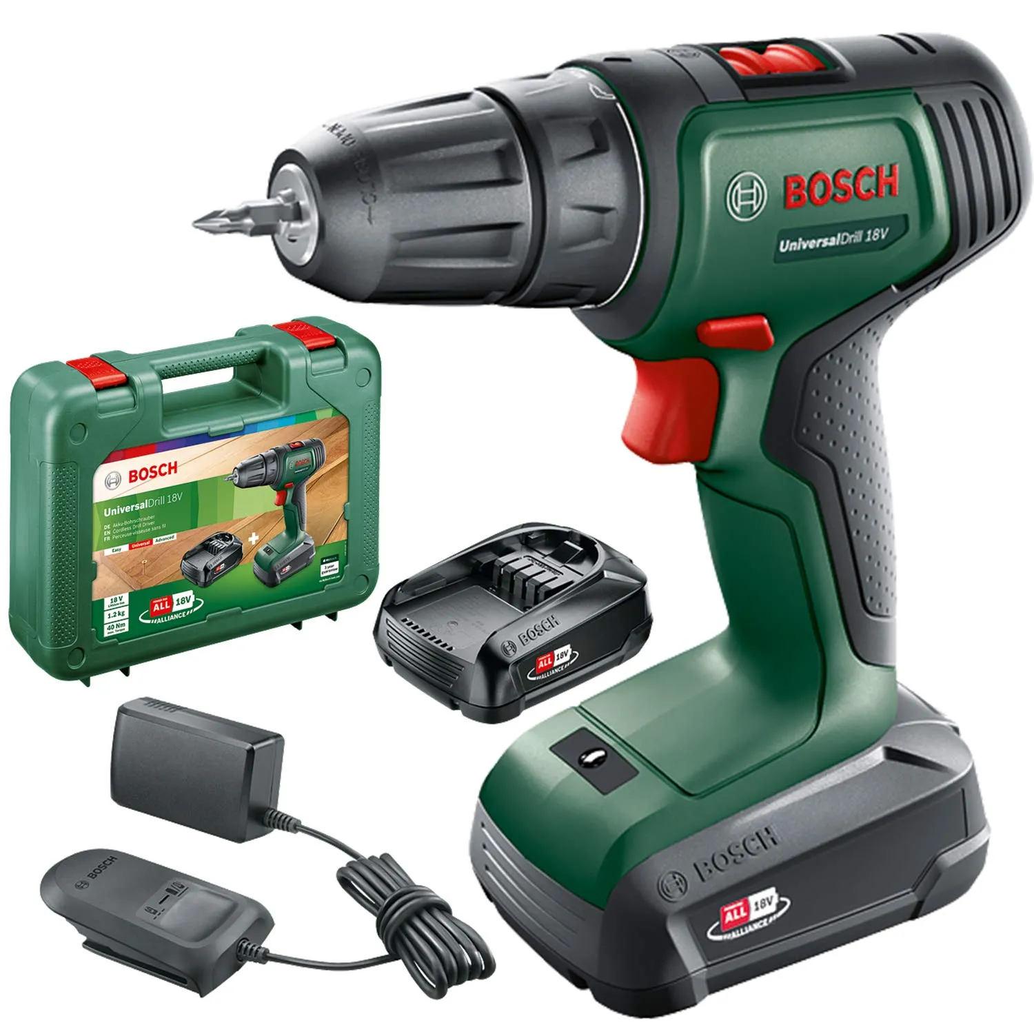 Bosch UniversalDrill 06039D4002 Trapano a Batteria 18V (2 Batterie, In Valigetta), Verde-Nero - immagine 1