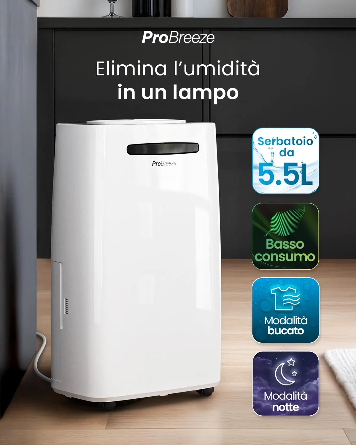 Pro Breeze Deumidificatore 20L/giorno Display Digitale, Scarico Continuo, 4 Modalità d’Uso, Timer e Asciugatura del Bucato, 30 m² - immagine 2