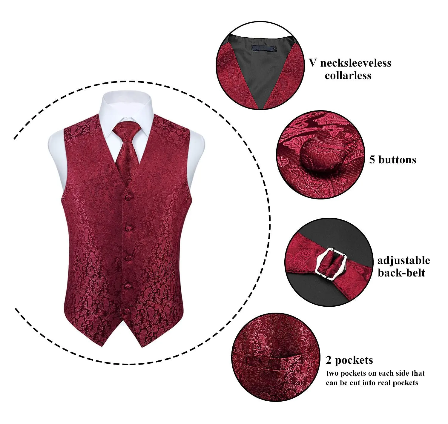 HISDERN Gilet da uomo Paisley Jacquard con cravatta e fazzoletto, Borgogna - immagine 4