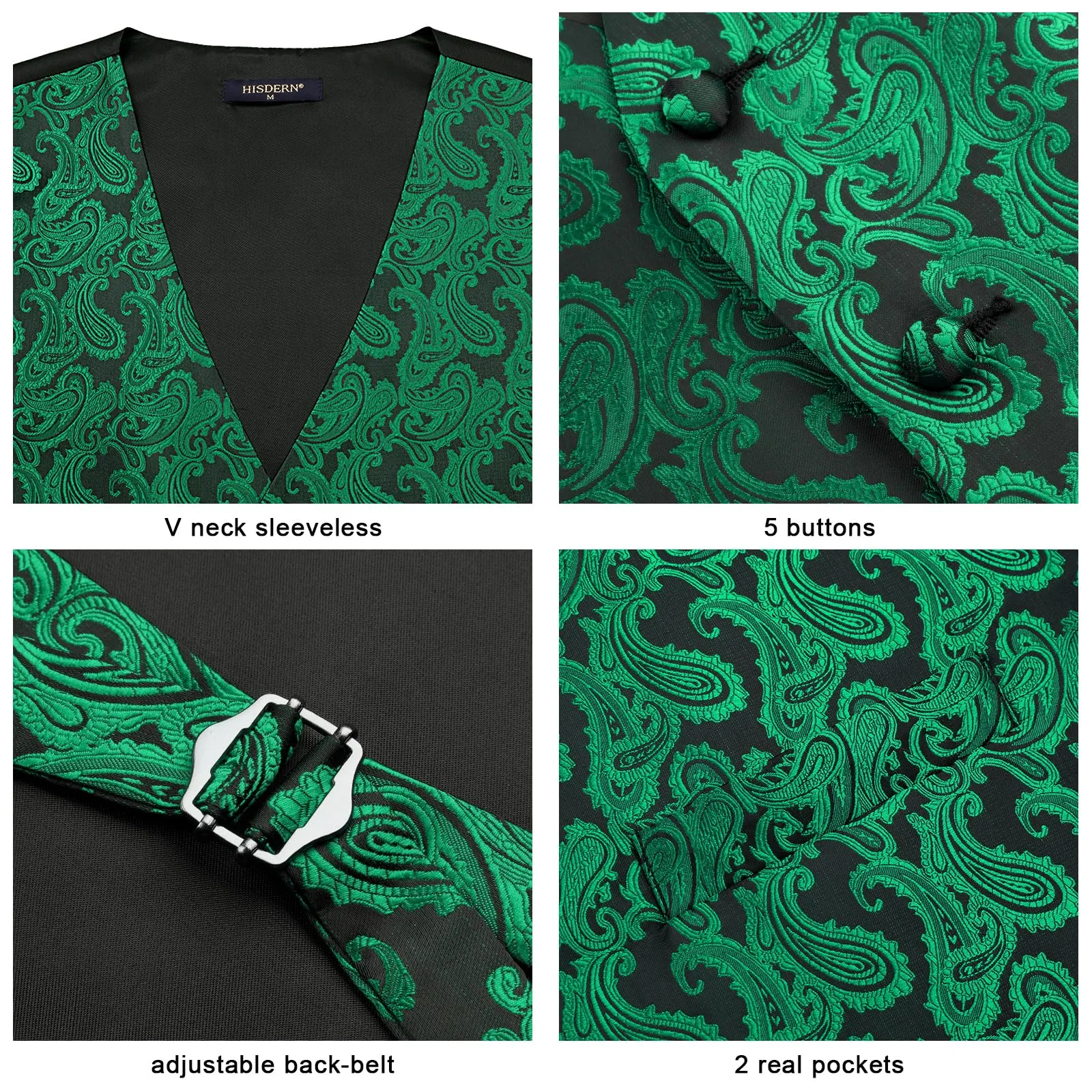 HISDERN Gilet da Uomo Verde Paisley Floreale Jacquard con Cravatta e Fazzoletto, 3XL - immagine 3