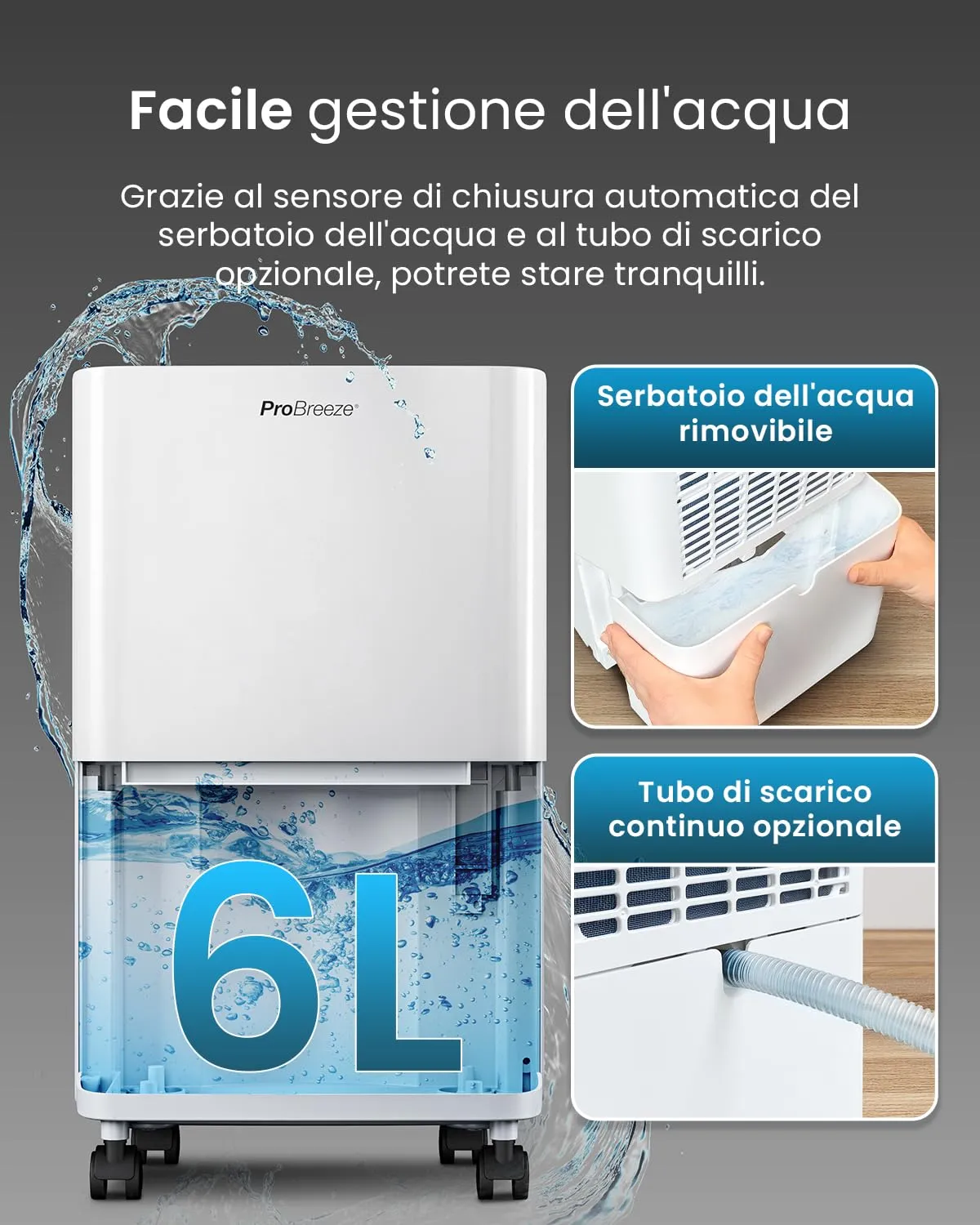 Pro Breeze Deumidificatore a compressore PB-D-26, 6L con serbatoio da 2L, sensore di umidità e timer 24H - immagine 3