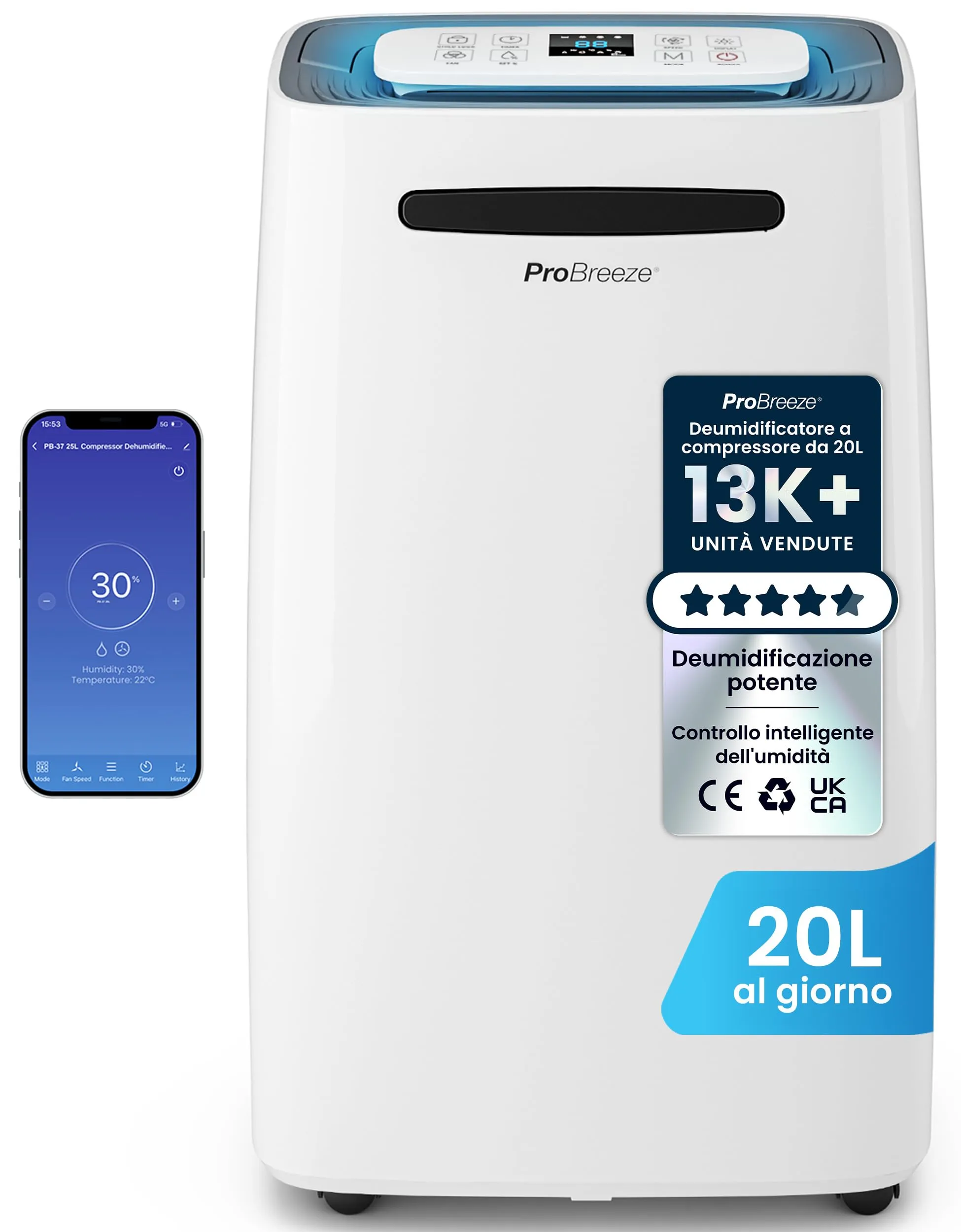 Pro Breeze Deumidificatore Intelligente 20L con Display Digitale, Modalità Notturna, Scarico Continuo e Timer 24 Ore - immagine 1