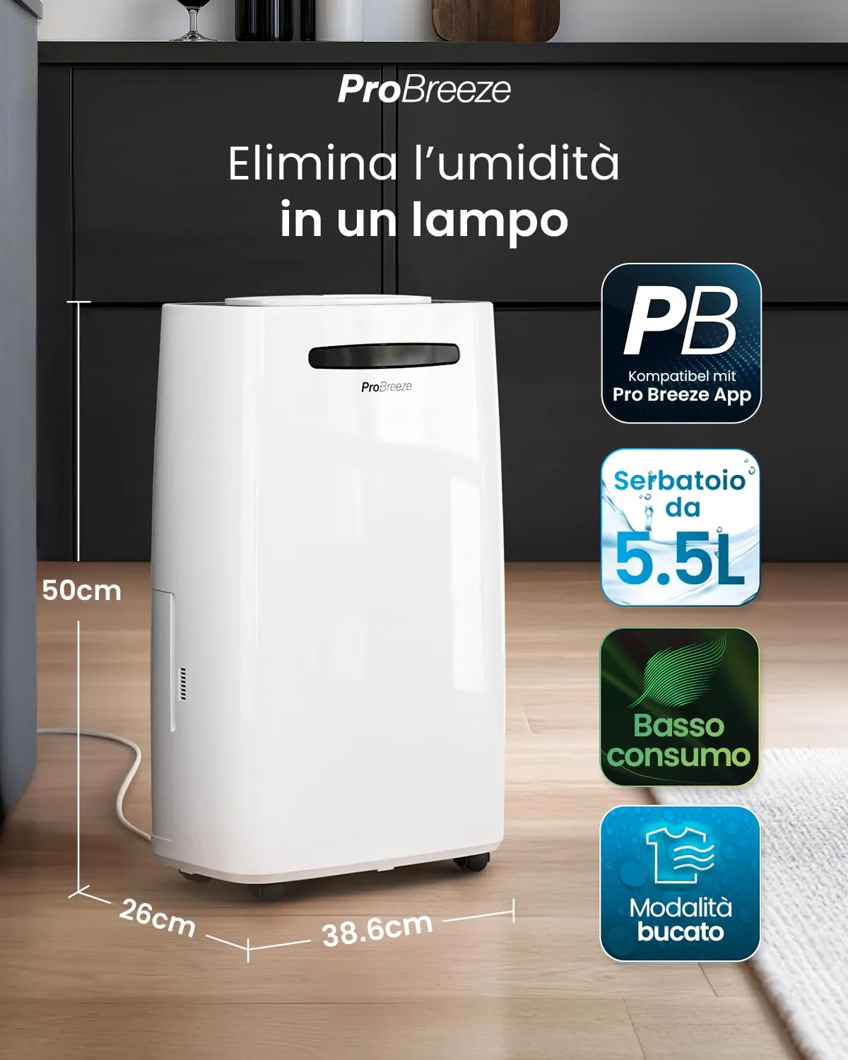 Pro Breeze Deumidificatore Intelligente 20L con Display Digitale, Modalità Notturna, Scarico Continuo e Timer 24 Ore - immagine 2