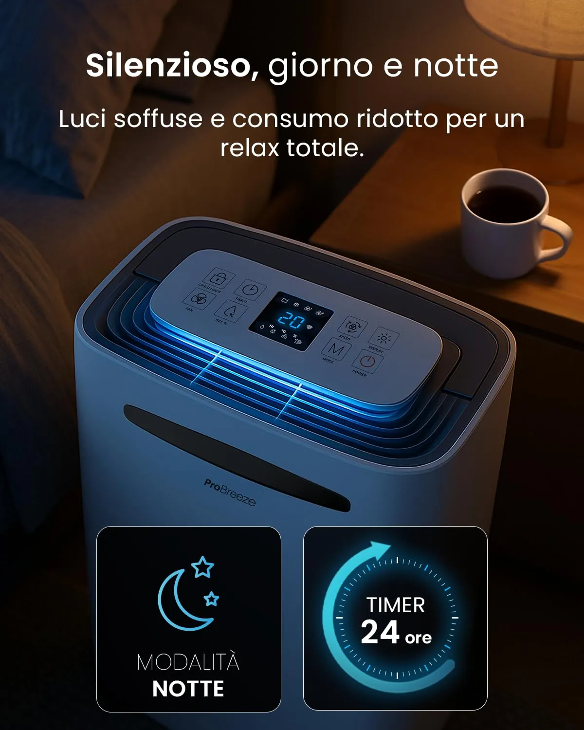 Pro Breeze Deumidificatore Intelligente 20L con Display Digitale, Modalità Notturna, Scarico Continuo e Timer 24 Ore - immagine 8