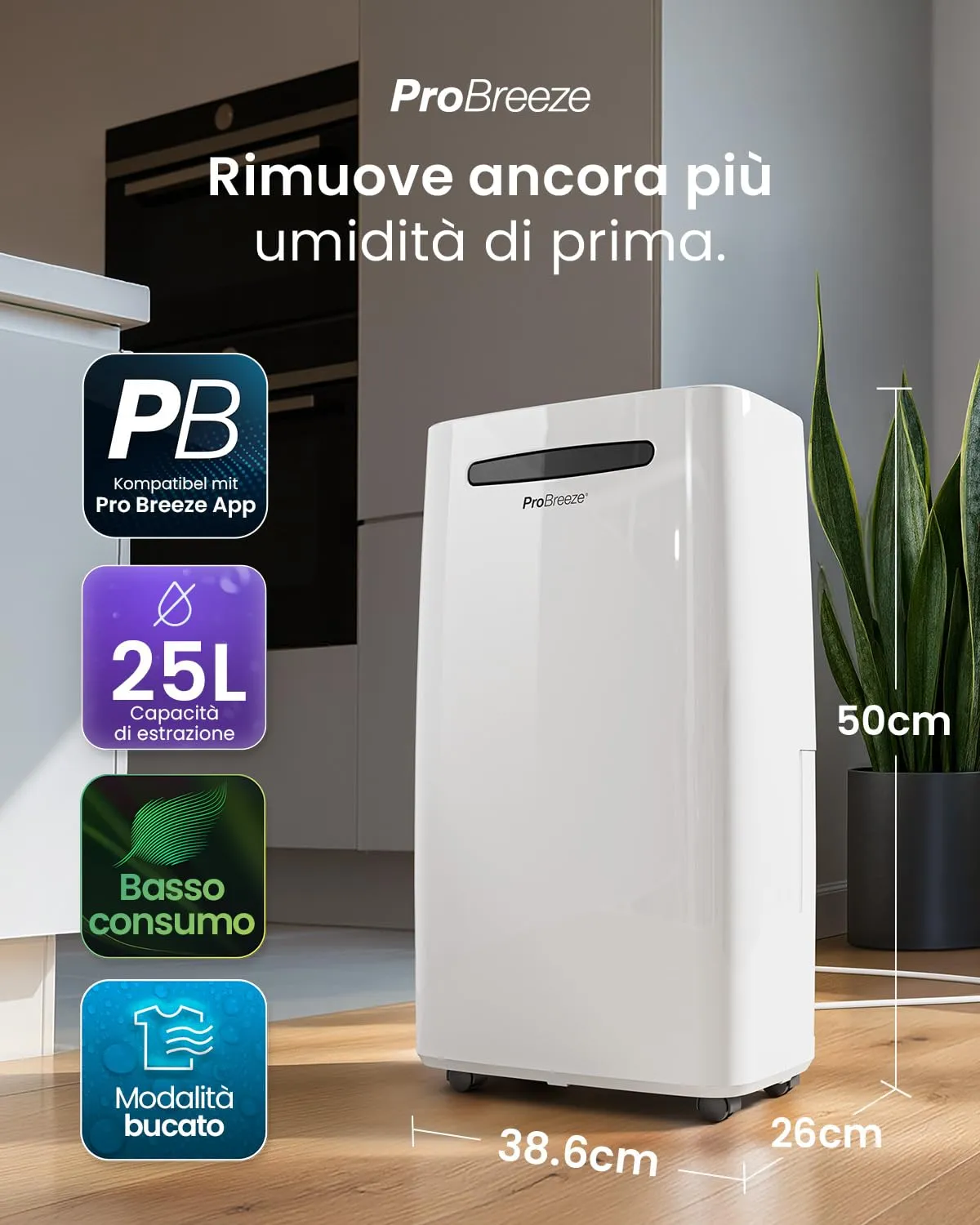 Pro Breeze Deumidificatore Intelligente 25L/giorno con Wi-Fi, Schermo Digitale, Modalità Vestiti, Drenaggio Continuo e Timer - immagine 2