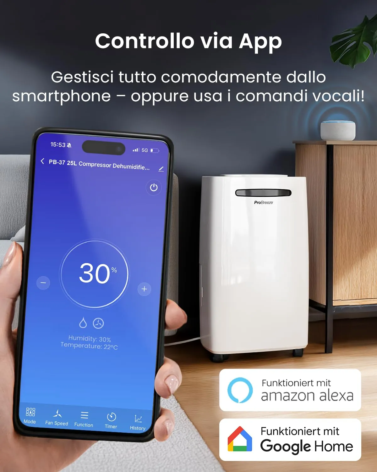 Pro Breeze Deumidificatore Intelligente 25L/giorno con Wi-Fi, Schermo Digitale, Modalità Vestiti, Drenaggio Continuo e Timer - immagine 4