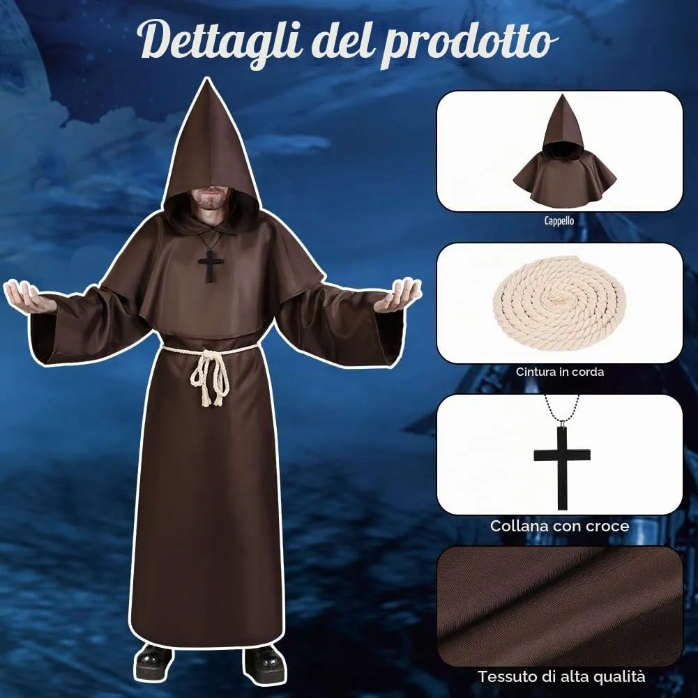 Aomig Costume da Monaco Medievale Rinascimentale, Set Robe da Prete per Adulti, Marrone-L - immagine 3
