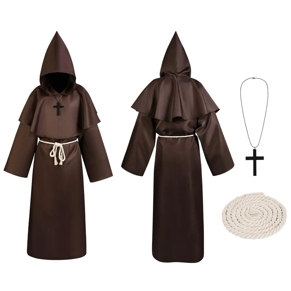 Aomig Costume da Monaco Medievale Rinascimentale, Set Robe da Prete per Adulti, Marrone-L - immagine 8
