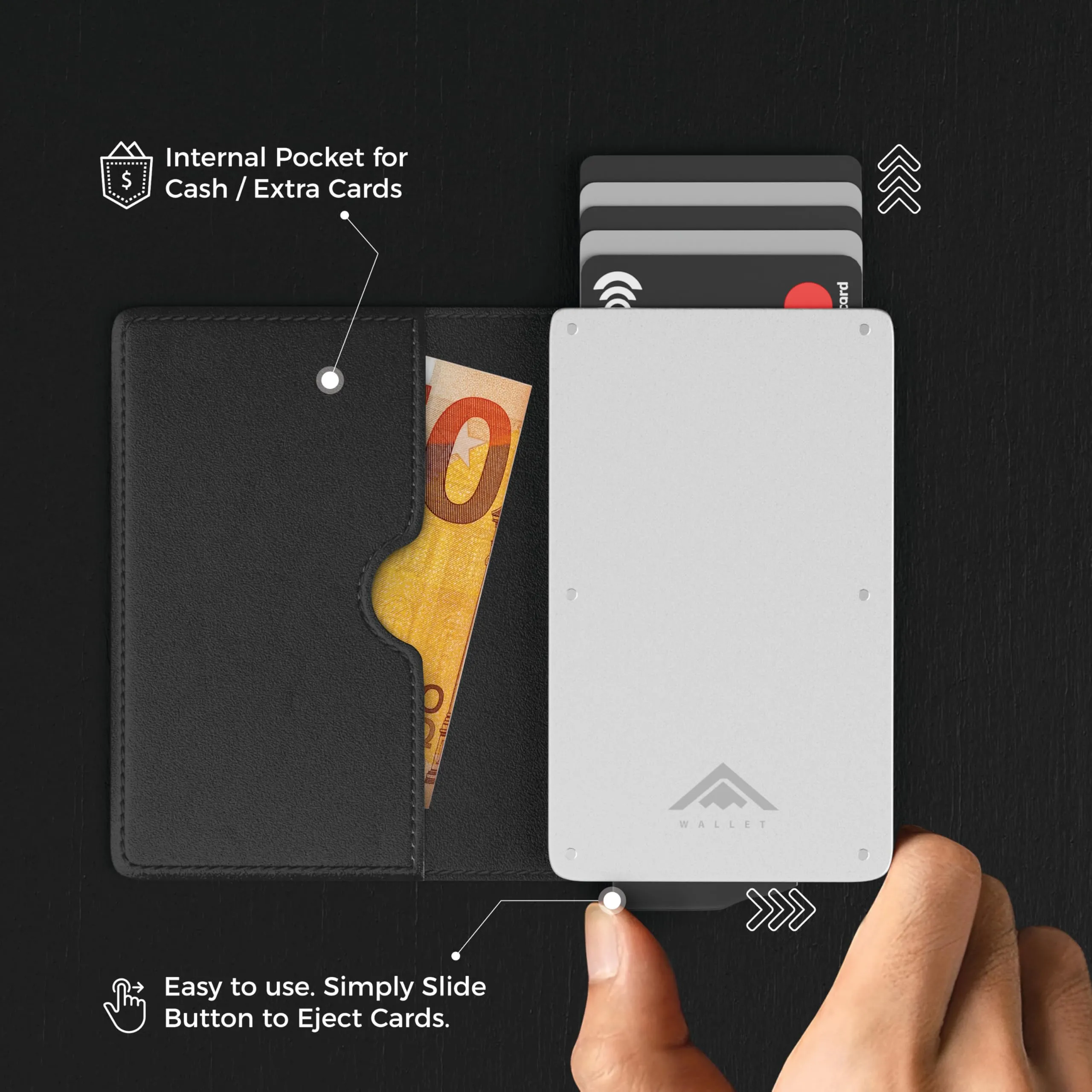 Stealth Wallet Portacarte RFID Minimalista in Alluminio e Pelle (Alluminio Argento, Pelle Nera) - immagine 5