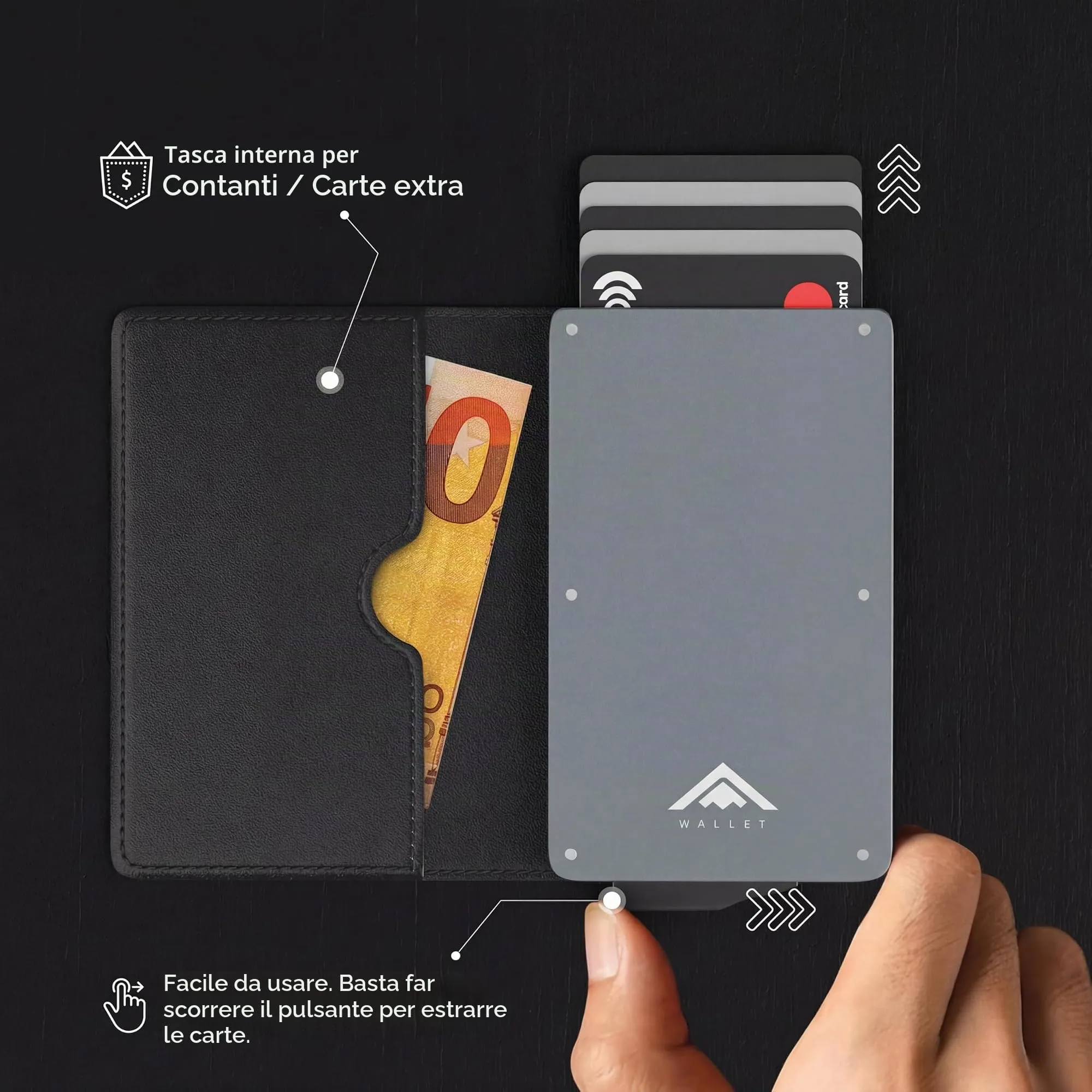 Stealth Wallet Portacarte RFID Minimalista in Alluminio e Pelle Nera (Alluminio Grigio) - immagine 5