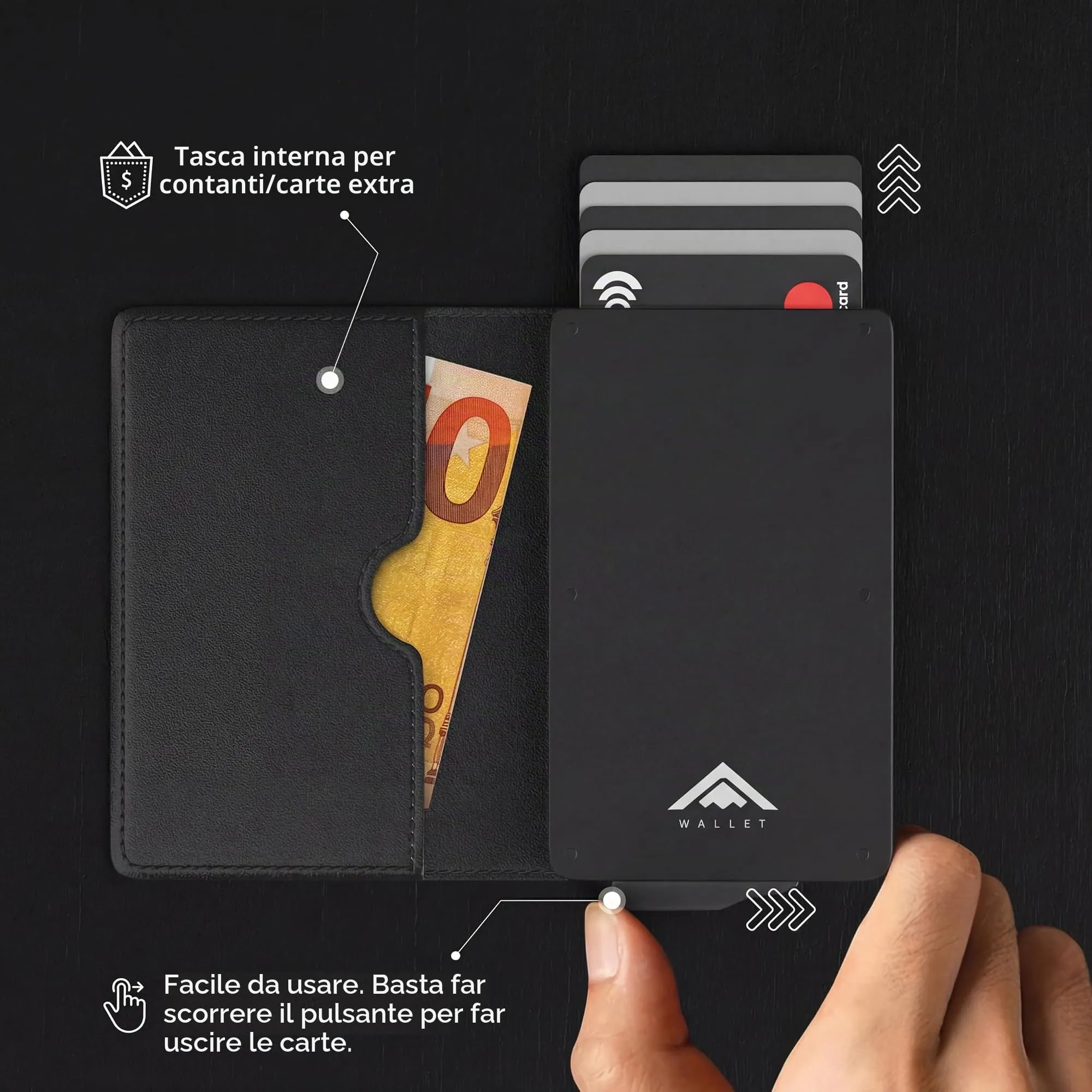 Stealth Wallet Portacarte RFID Minimalista in Alluminio e Pelle Nera - immagine 3
