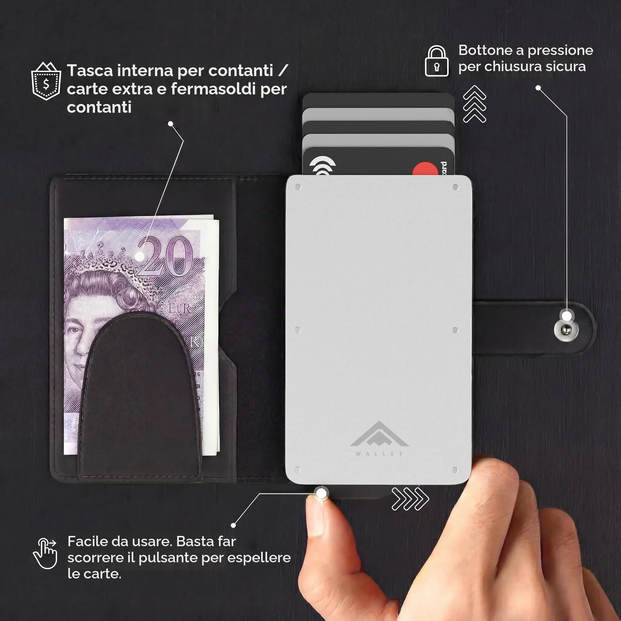 Stealth Wallet Portacarte Bancario RFID da Uomo con Clip Portasoldi - immagine 3