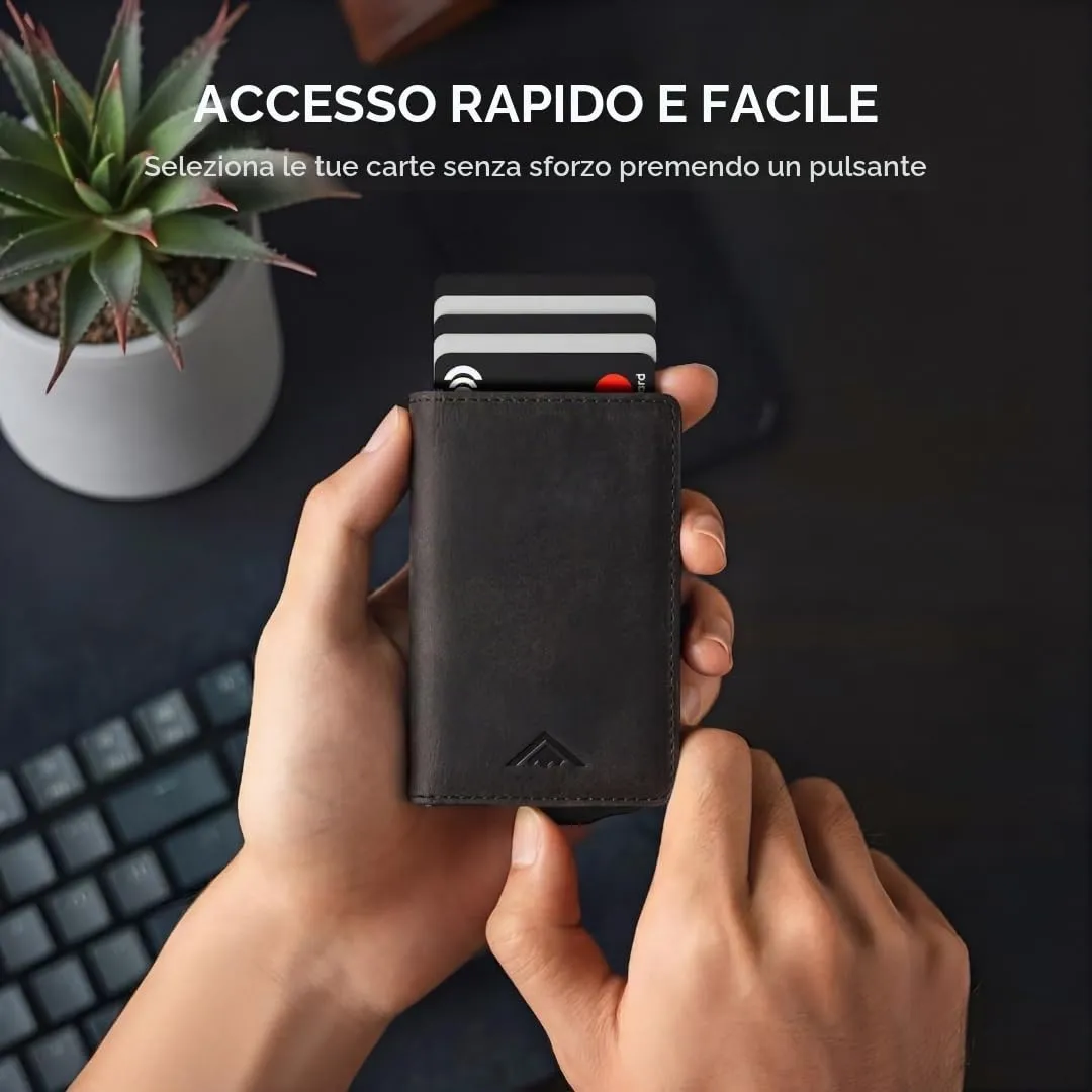 Stealth Wallet RFID Portacarte Minimalista in Alluminio e Pelle Crazy Horse Nera - immagine 3