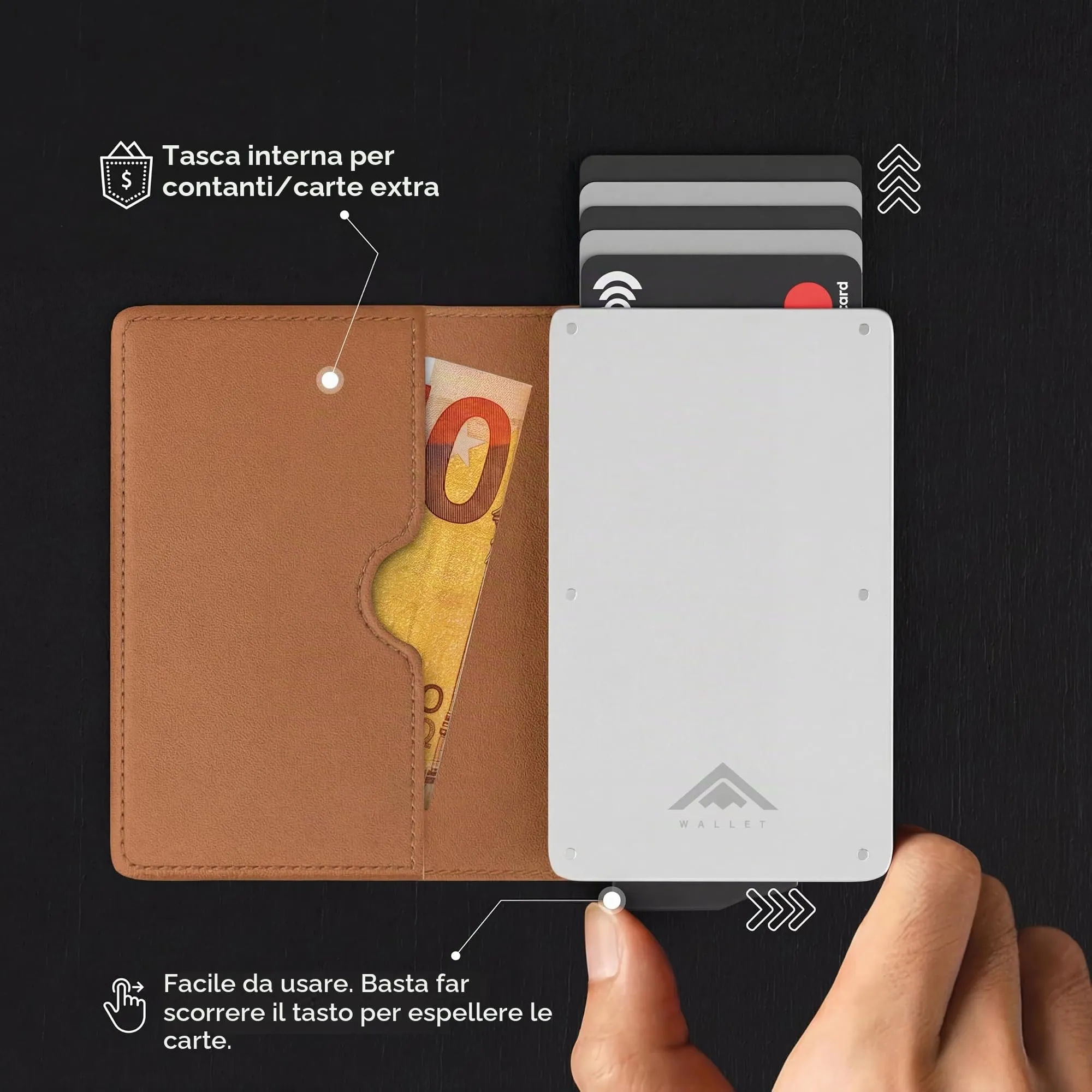 Stealth Wallet Portacarte RFID/NFC Pop-Up Color Cuoio da Uomo - immagine 4