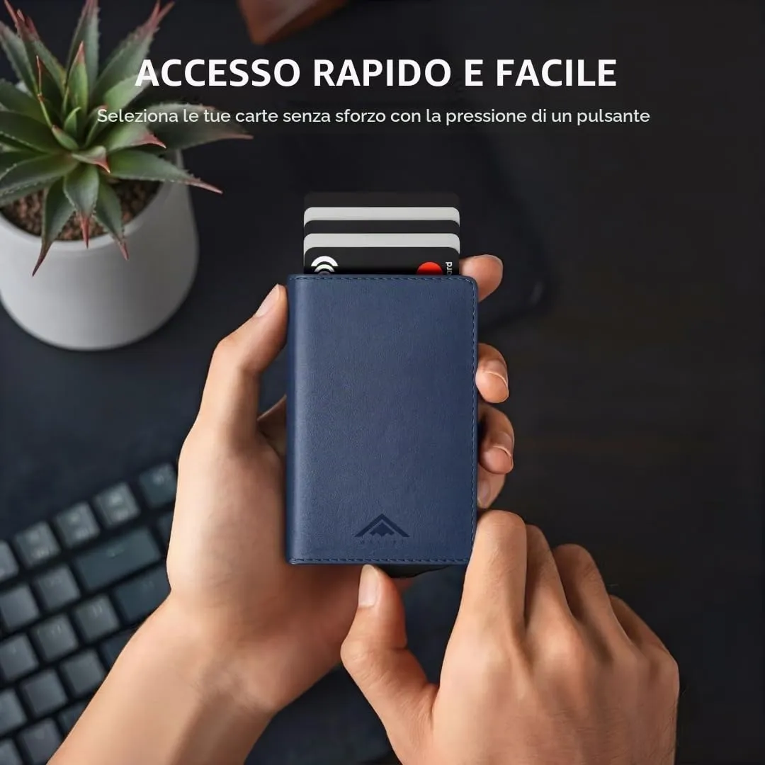 Stealth Wallet Portacarte RFID Minimalista in Alluminio e Pelle (Alluminio Argento, Pelle Blu) - immagine 2