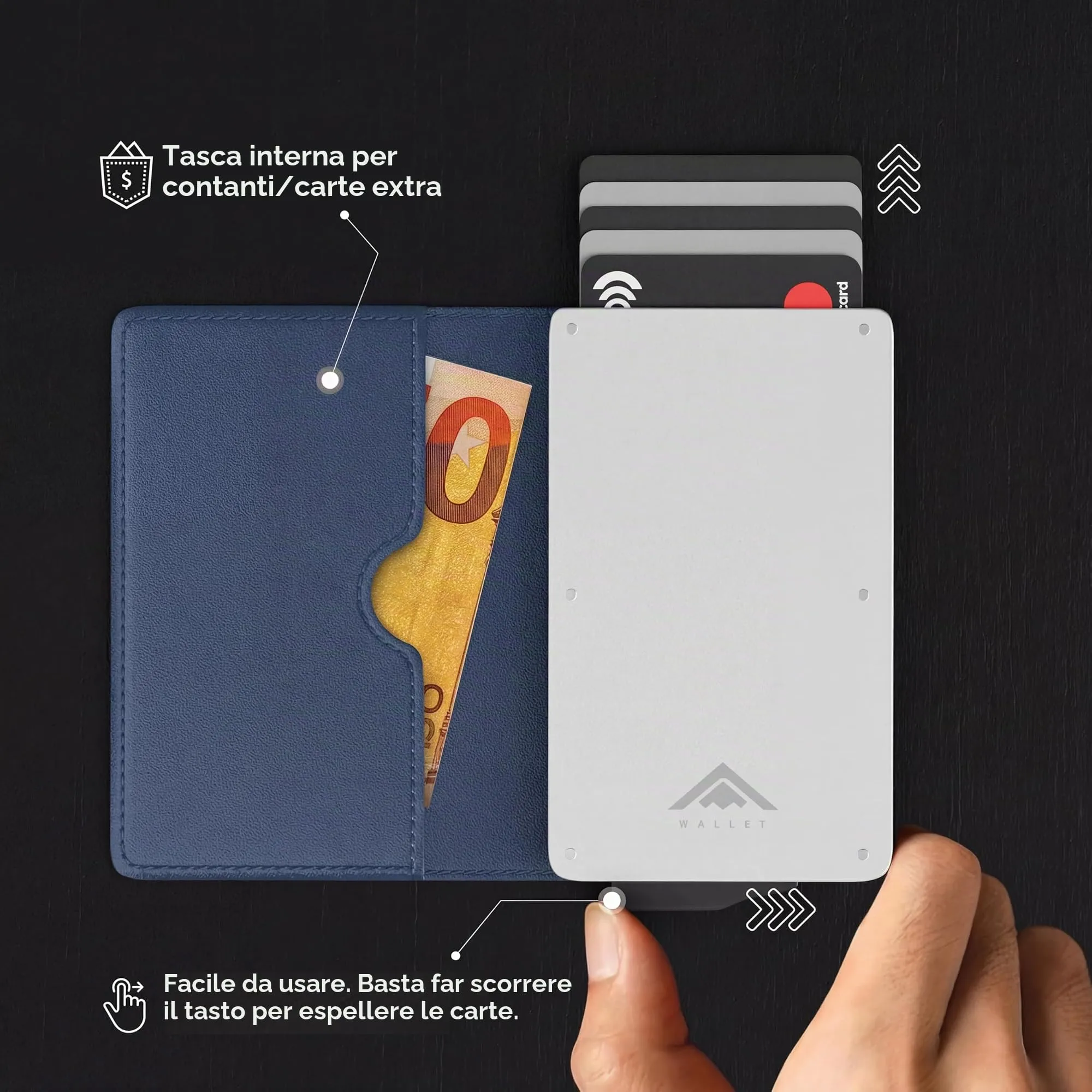 Stealth Wallet Portacarte RFID Minimalista in Alluminio e Pelle (Alluminio Argento, Pelle Blu) - immagine 3