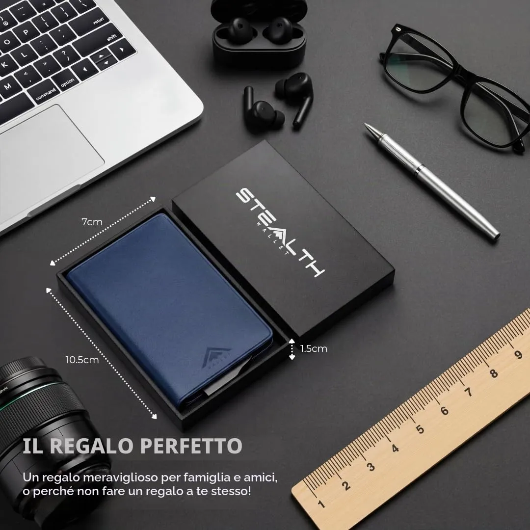 Stealth Wallet Portacarte RFID Minimalista in Alluminio e Pelle (Alluminio Argento, Pelle Blu) - immagine 4