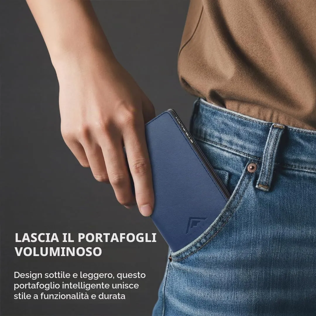 Stealth Wallet Portacarte RFID Minimalista in Alluminio e Pelle (Alluminio Argento, Pelle Blu) - immagine 5