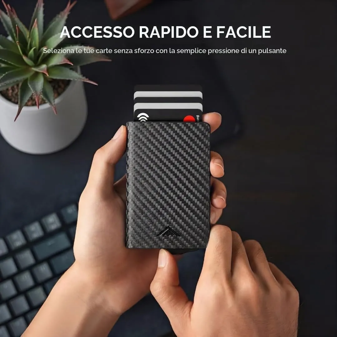 Stealth Wallet Portacarte RFID Minimalista in Alluminio e Pelle Nera Carbonio - immagine 2
