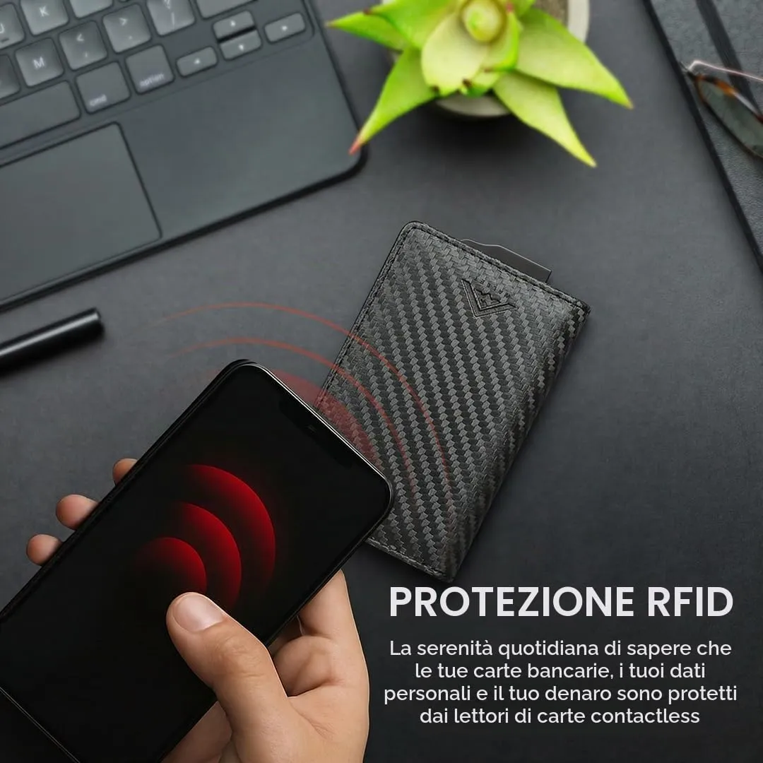 Stealth Wallet Portacarte RFID Minimalista in Alluminio e Pelle Nera Carbonio - immagine 3