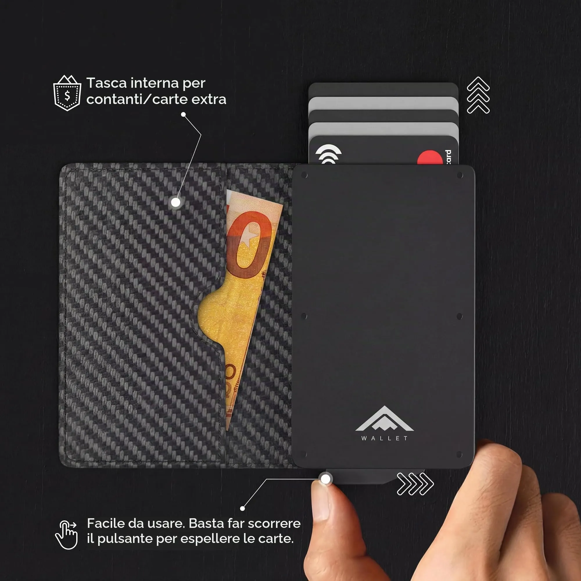 Stealth Wallet Portacarte RFID Minimalista in Alluminio e Pelle Nera Carbonio - immagine 4