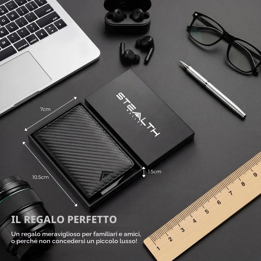Stealth Wallet Portacarte RFID Minimalista in Alluminio e Pelle Nera Carbonio - immagine 5