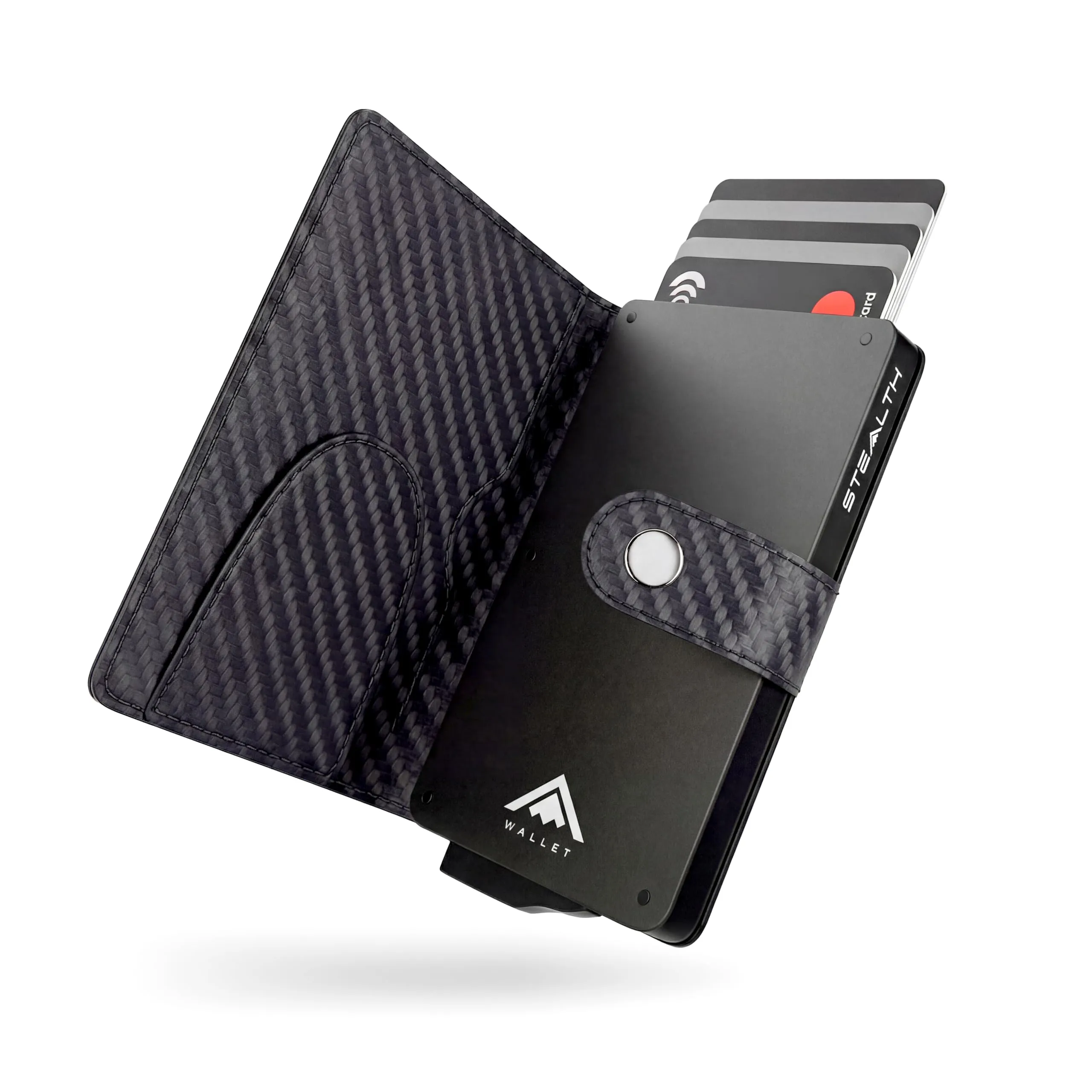 Stealth Wallet Portacarte RFID Minimalista in Alluminio Argento e Pelle Nera Carbonio con Clip per Soldi - immagine 1