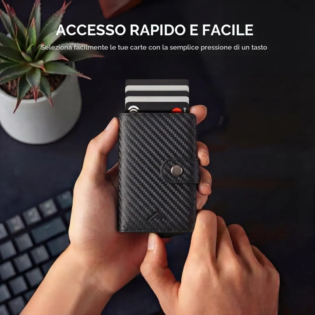 Stealth Wallet Portacarte RFID Minimalista in Alluminio Argento e Pelle Nera Carbonio con Clip per Soldi - immagine 2