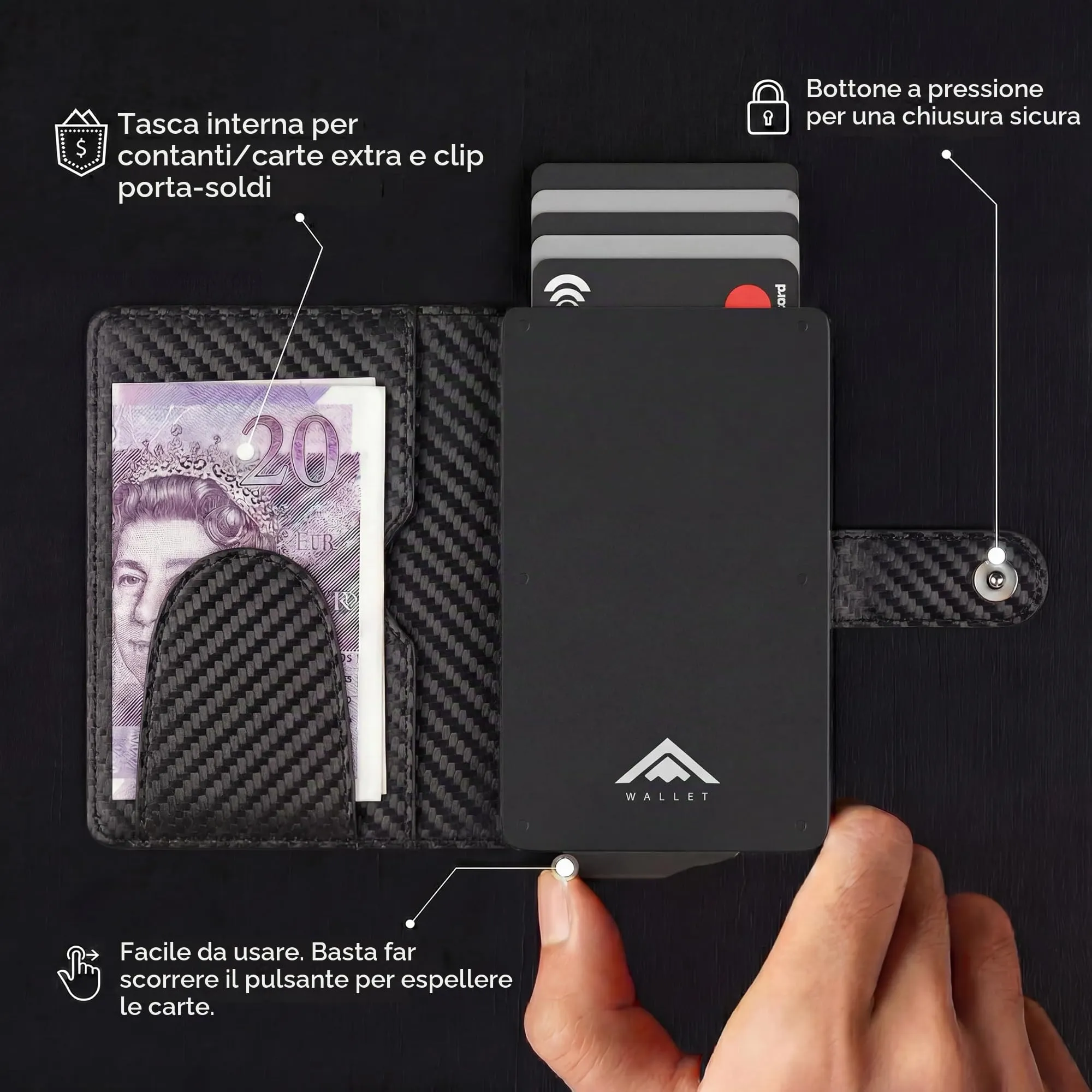 Stealth Wallet Portacarte RFID Minimalista in Alluminio Argento e Pelle Nera Carbonio con Clip per Soldi - immagine 3