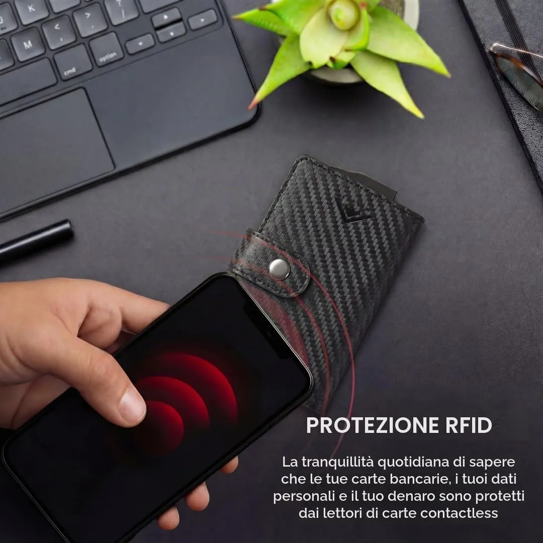Stealth Wallet Portacarte RFID Minimalista in Alluminio Argento e Pelle Nera Carbonio con Clip per Soldi - immagine 4