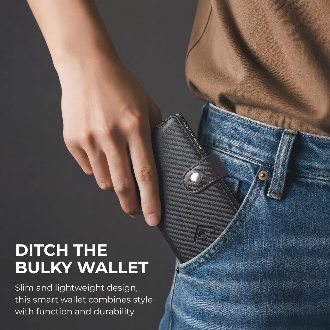 Stealth Wallet Portacarte RFID Minimalista in Alluminio Argento e Pelle Nera Carbonio con Clip per Soldi - immagine 6