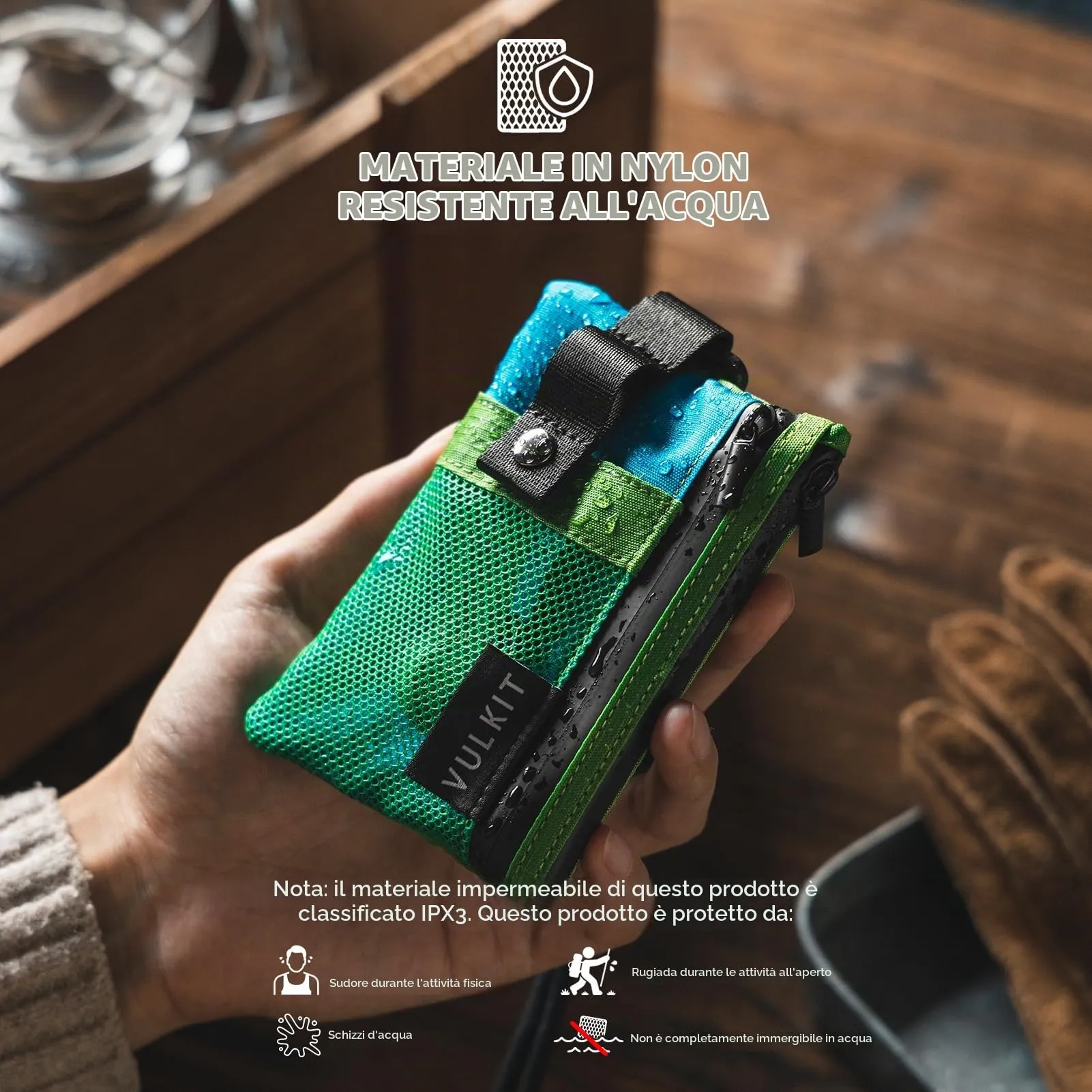 VULKIT Portafoglio Minimalistico con Finestra Identificativa e Blocco RFID, Impermeabile con Cerniera (Verde-blu) - immagine 2