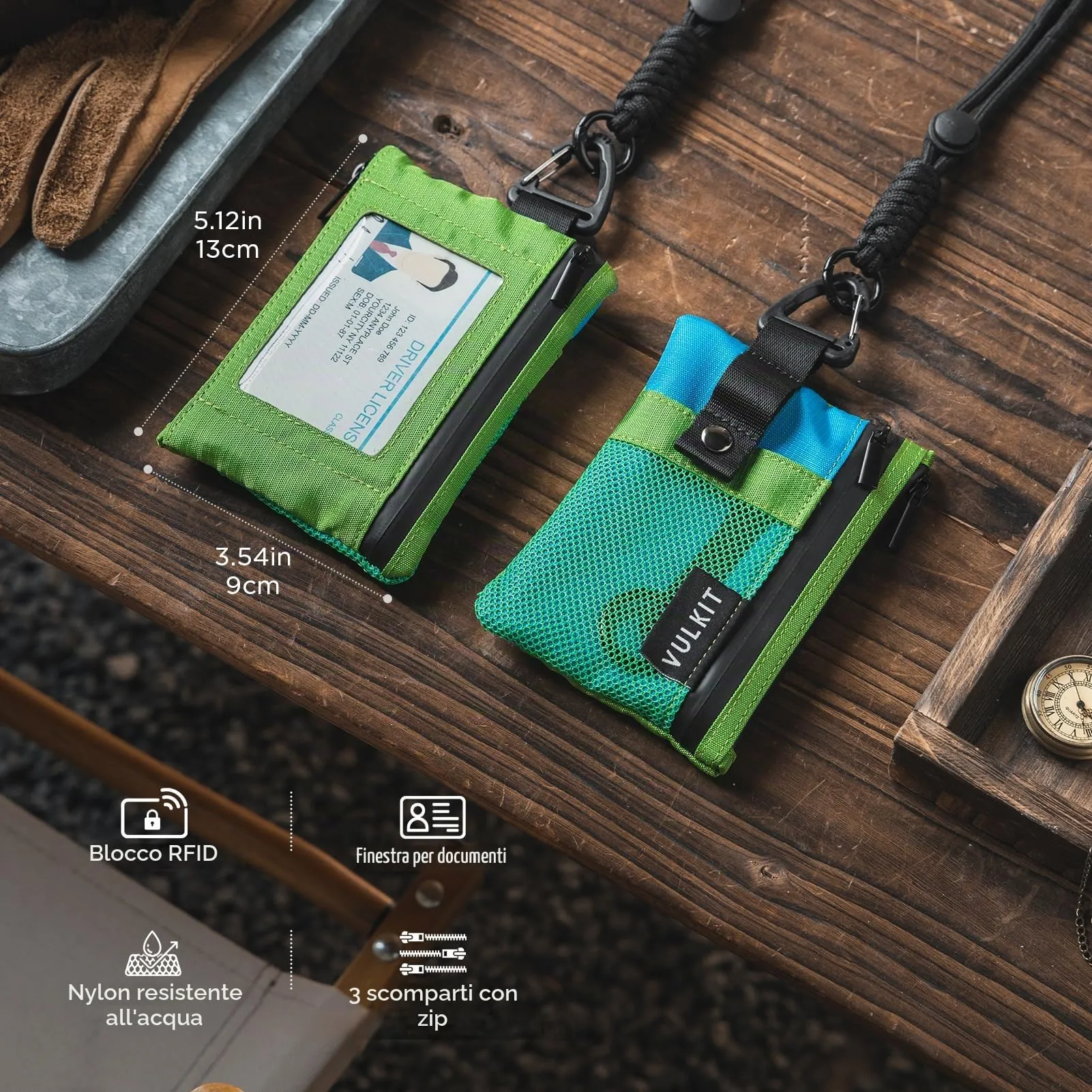VULKIT Portafoglio Minimalistico con Finestra Identificativa e Blocco RFID, Impermeabile con Cerniera (Verde-blu) - immagine 4