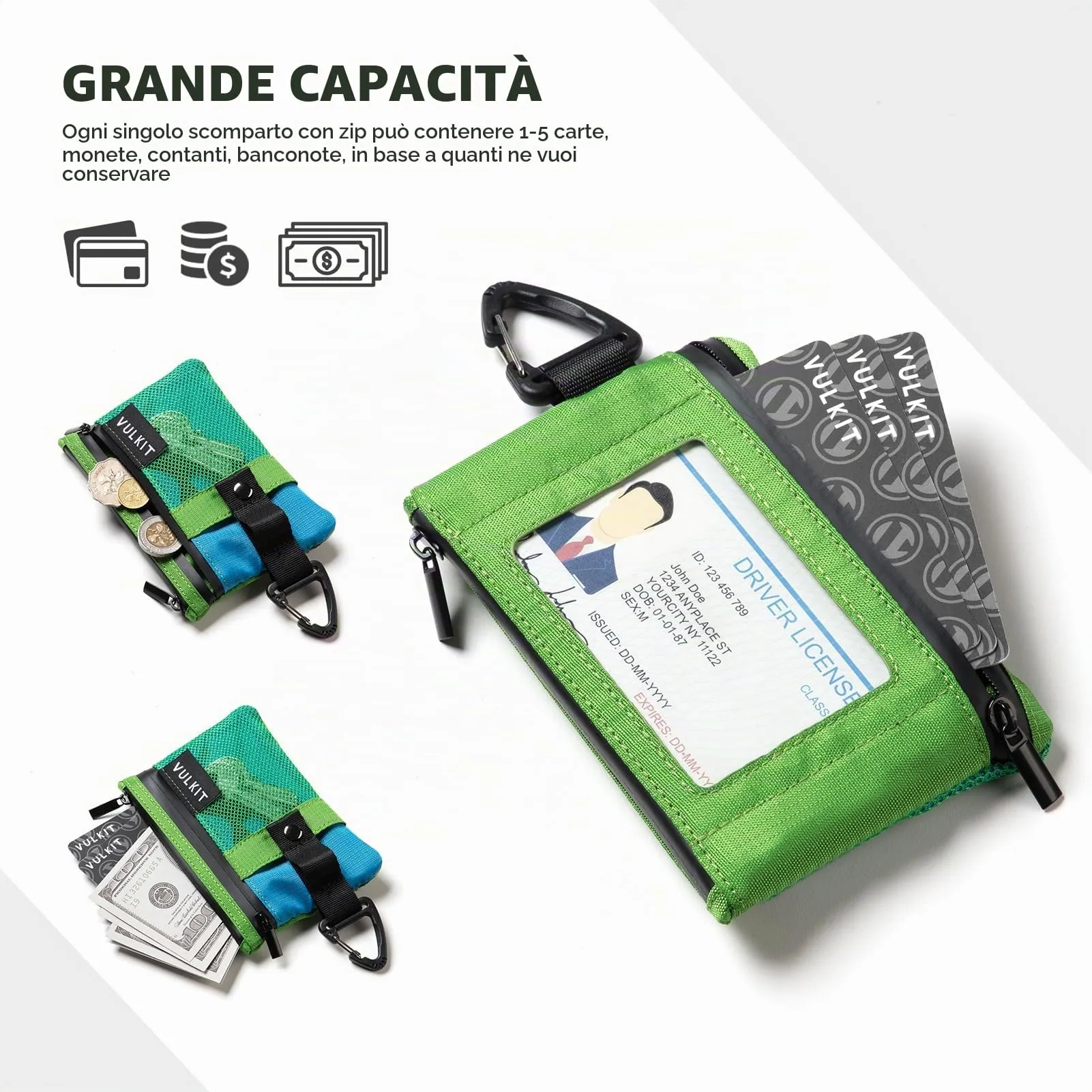 VULKIT Portafoglio Minimalistico con Finestra Identificativa e Blocco RFID, Impermeabile con Cerniera (Verde-blu) - immagine 5