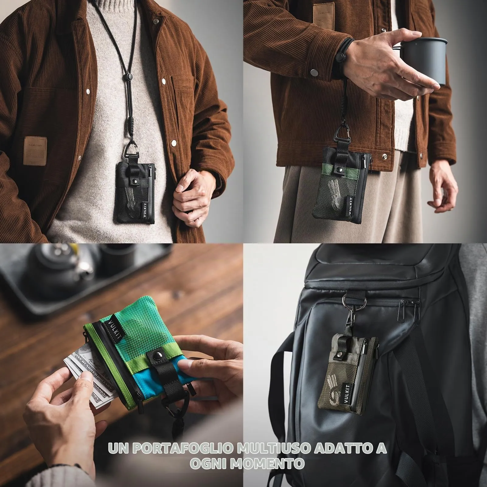 VULKIT Portafoglio Minimalistico con Finestra Identificativa e Blocco RFID, Impermeabile con Cerniera (Verde-blu) - immagine 6