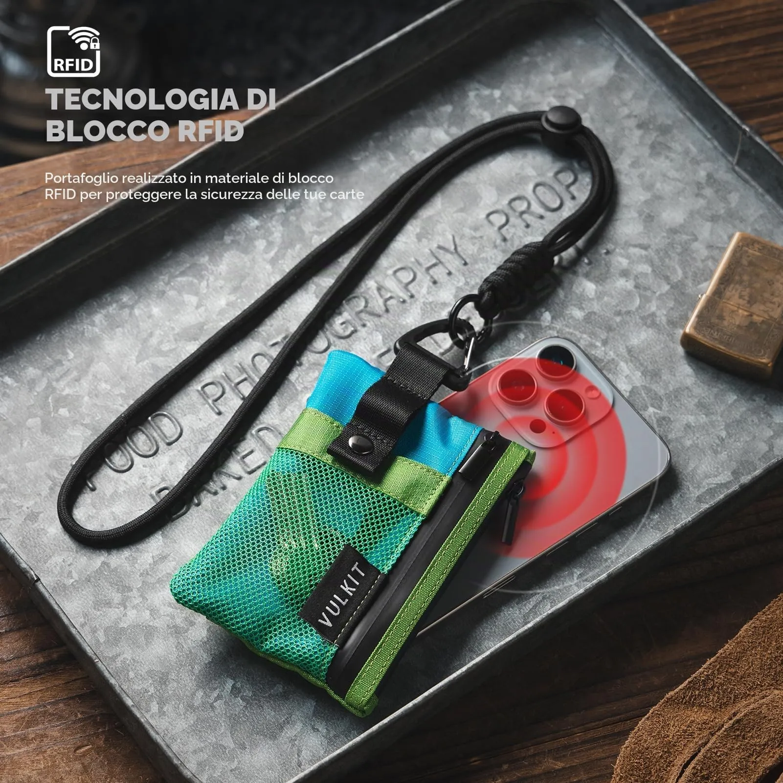 VULKIT Portafoglio Minimalistico con Finestra Identificativa e Blocco RFID, Impermeabile con Cerniera (Verde-blu) - immagine 7