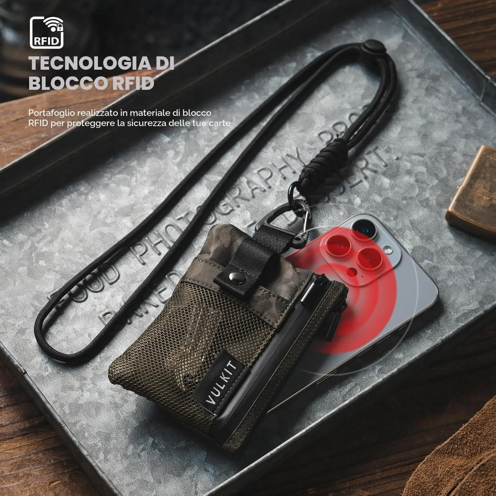 VULKIT Portafogli Minimalistico con Finestra Identificativa, Blocco RFID, Impermeabile con Cerniera (Mimetico) - immagine 7