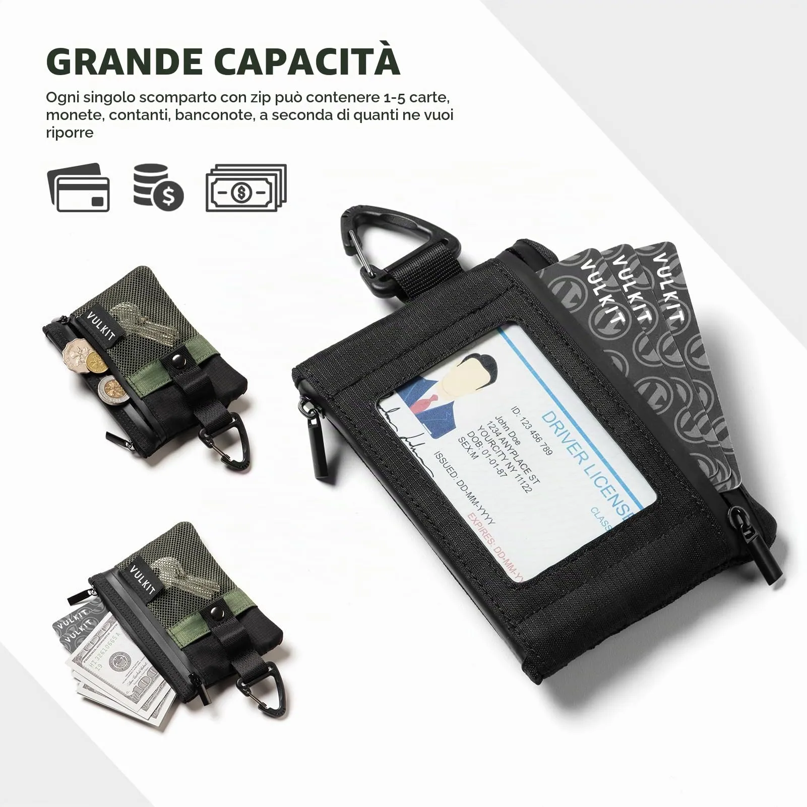 VULKIT Portafogli Minimalistico RFID con Finestra Identificativa e Cerniera (Verde-militare-nero) - immagine 5