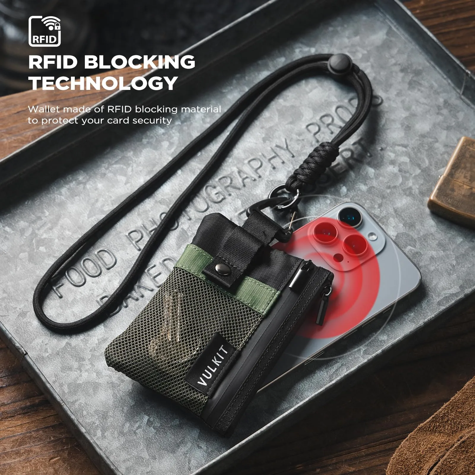 VULKIT Portafogli Minimalistico RFID con Finestra Identificativa e Cerniera (Verde-militare-nero) - immagine 7