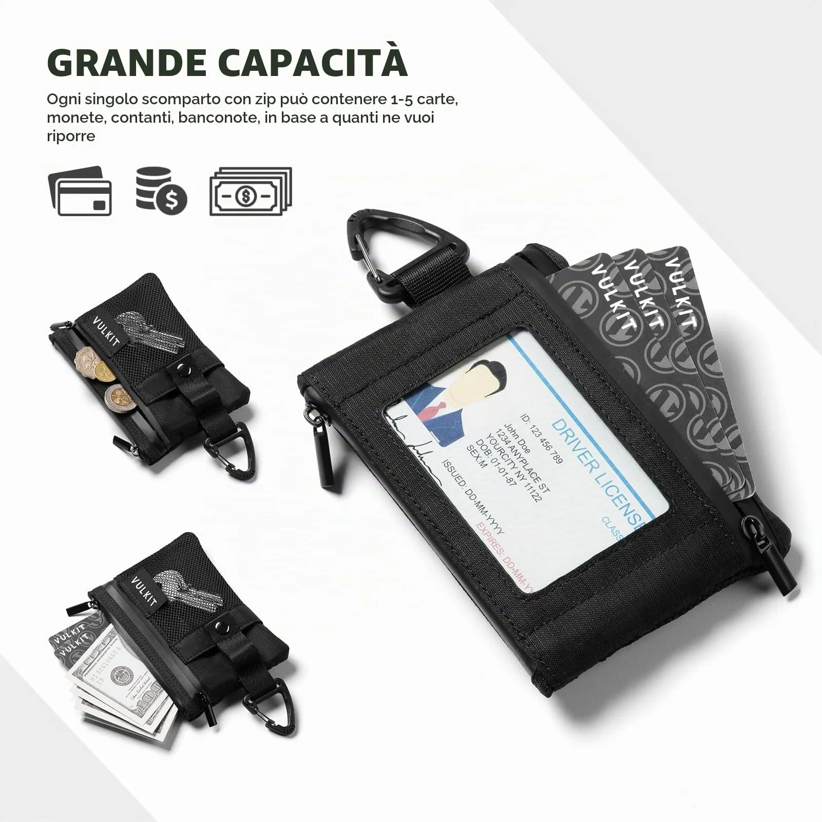 VULKIT Portafoglio Minimalistico con Finestra Identificativa, Blocco RFID, Impermeabile con Cerniera (Nero) - immagine 5