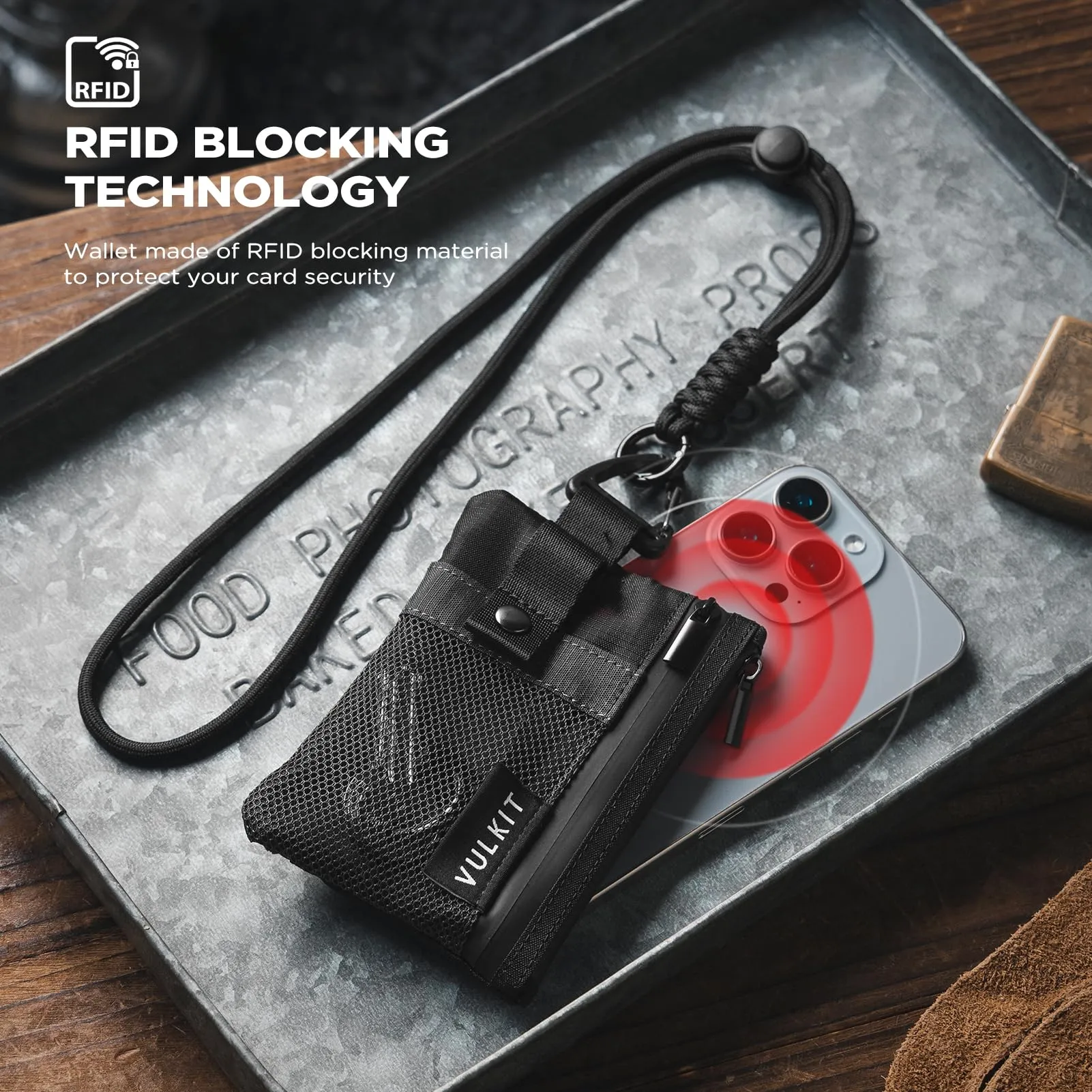 VULKIT Portafoglio Minimalistico con Finestra Identificativa, Blocco RFID, Impermeabile con Cerniera (Nero) - immagine 7