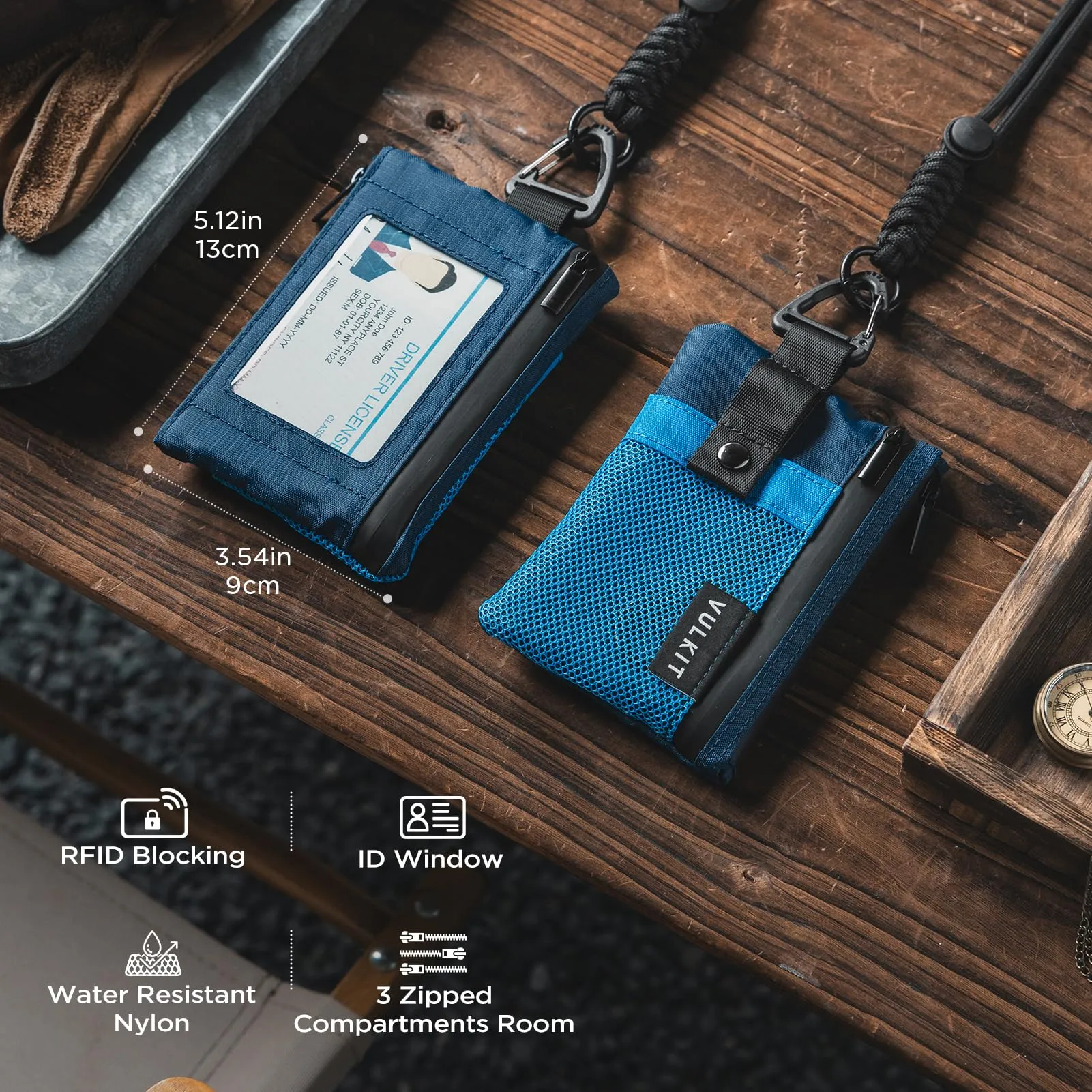 VULKIT Portafoglio Minimalistico con Finestra Identificativa, RFID, Impermeabile con Cerniera (Blu) - immagine 2