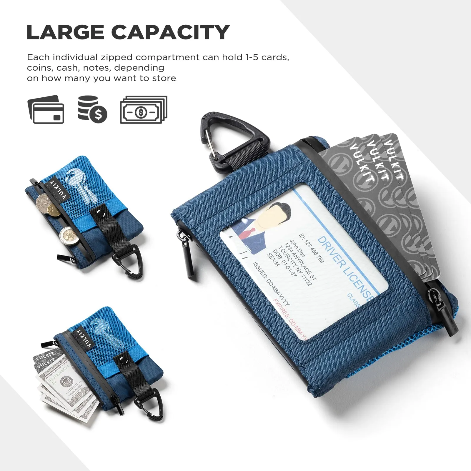 VULKIT Portafoglio Minimalistico con Finestra Identificativa, RFID, Impermeabile con Cerniera (Blu) - immagine 6