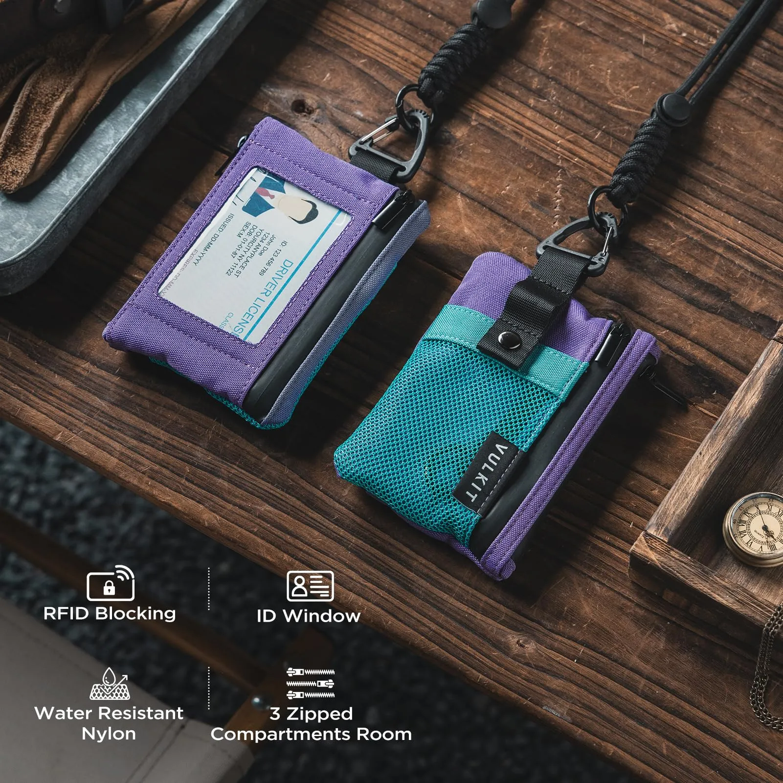 VULKIT Portafogli Minimalistico con Finestra Identificativa e Blocco RFID, Impermeabile con Cerniera (Verde Aaua-Viola) - immagine 4