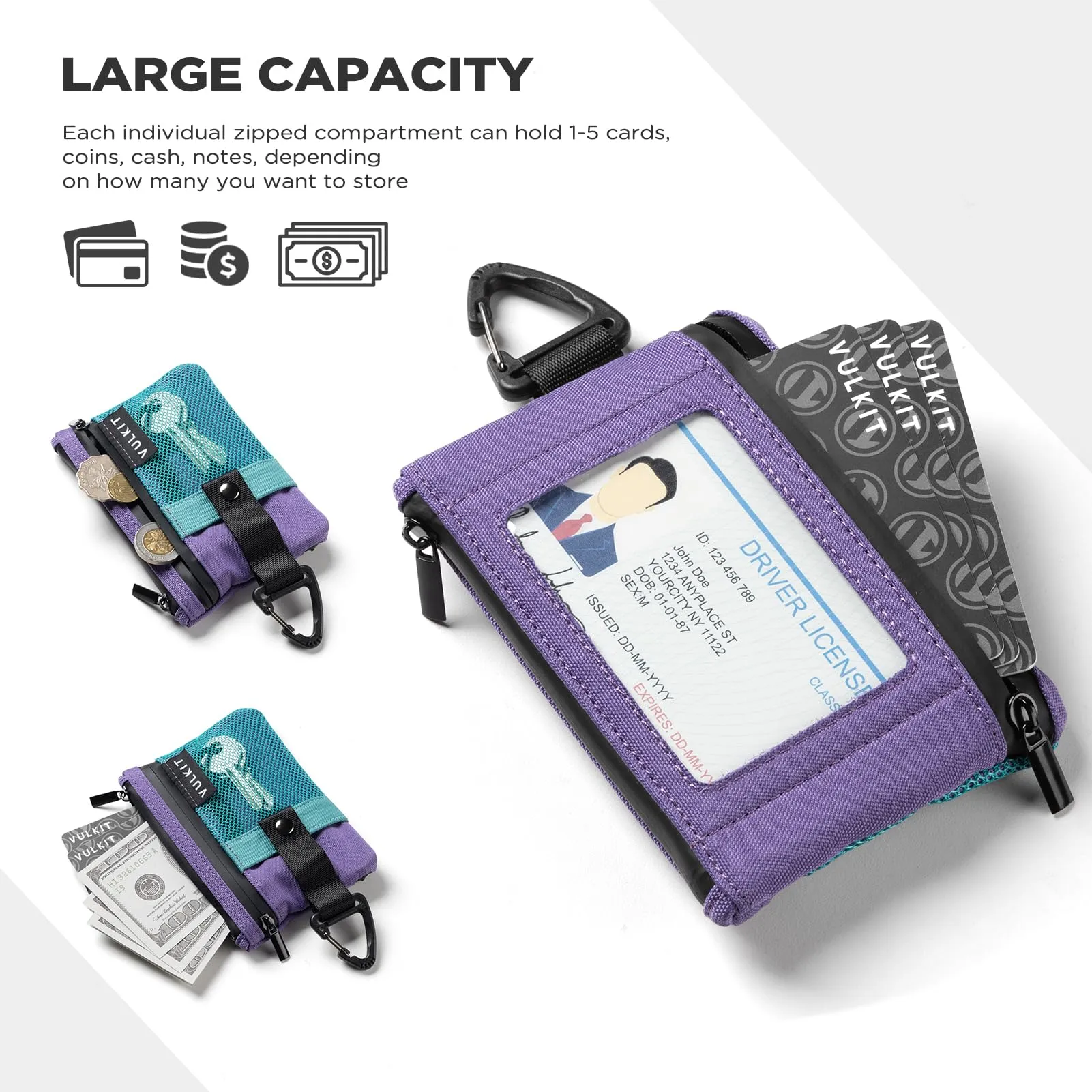 VULKIT Portafogli Minimalistico con Finestra Identificativa e Blocco RFID, Impermeabile con Cerniera (Verde Aaua-Viola) - immagine 5
