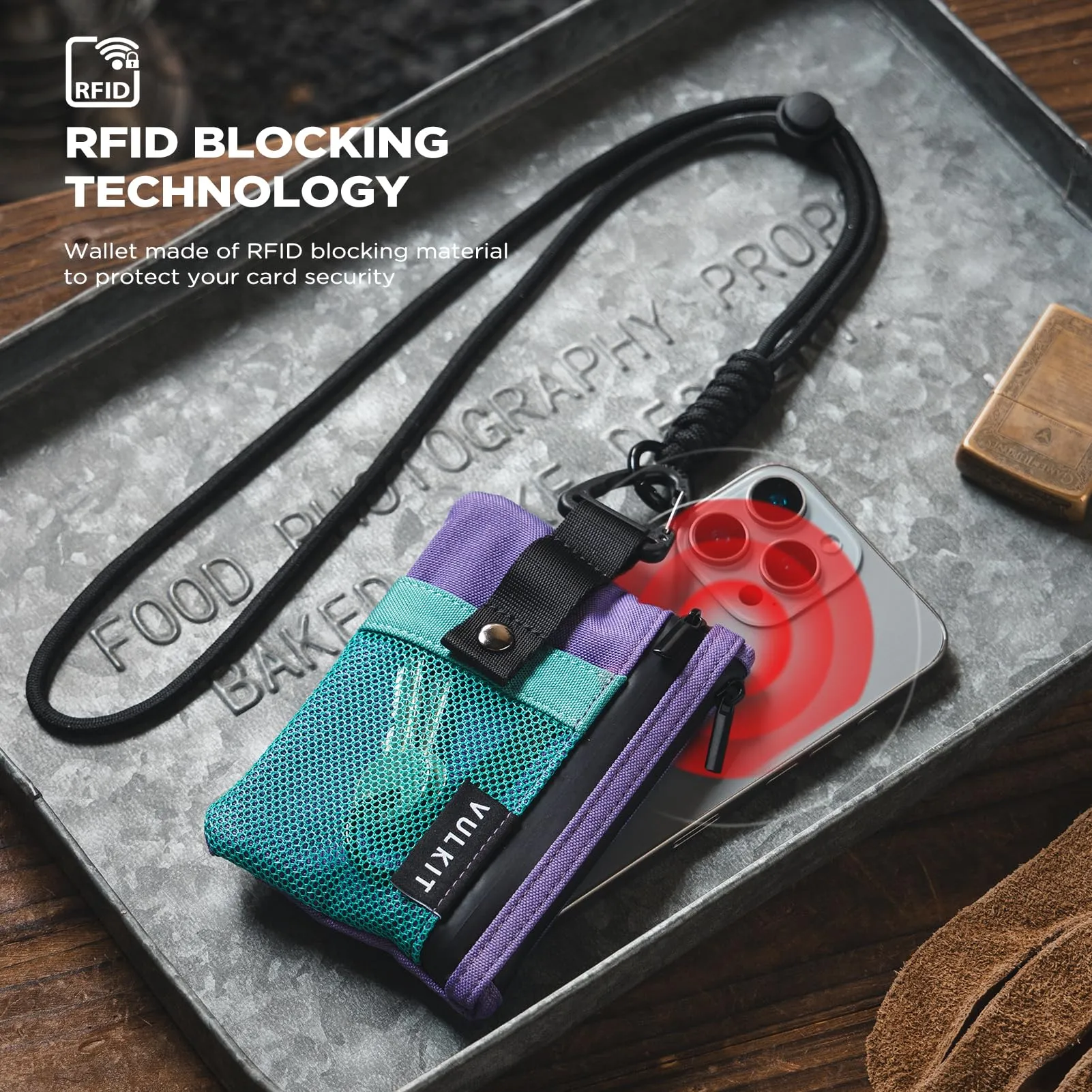 VULKIT Portafogli Minimalistico con Finestra Identificativa e Blocco RFID, Impermeabile con Cerniera (Verde Aaua-Viola) - immagine 7